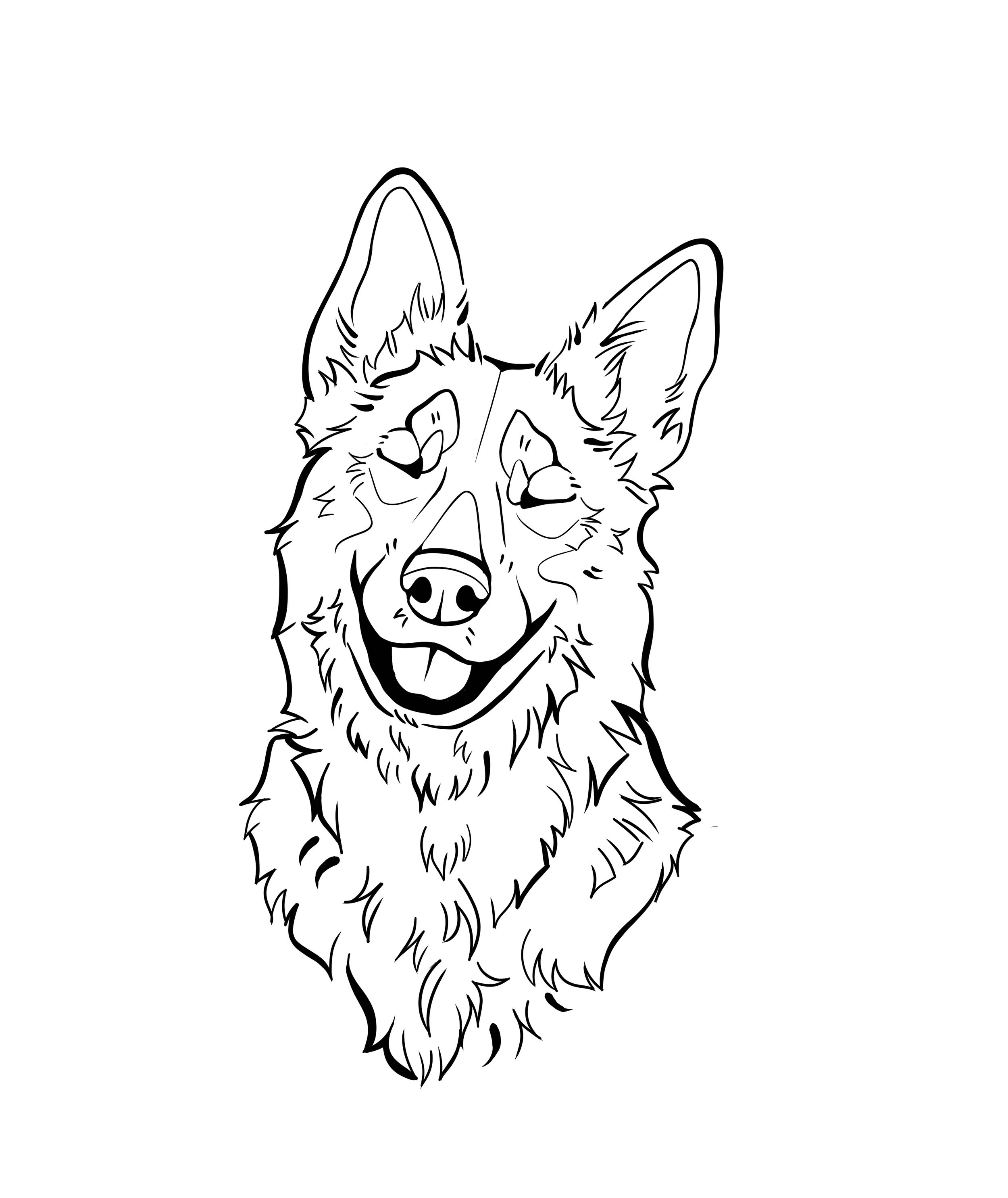 Line drawing of a happy, smiling dog with erect ears and fluffy fur.