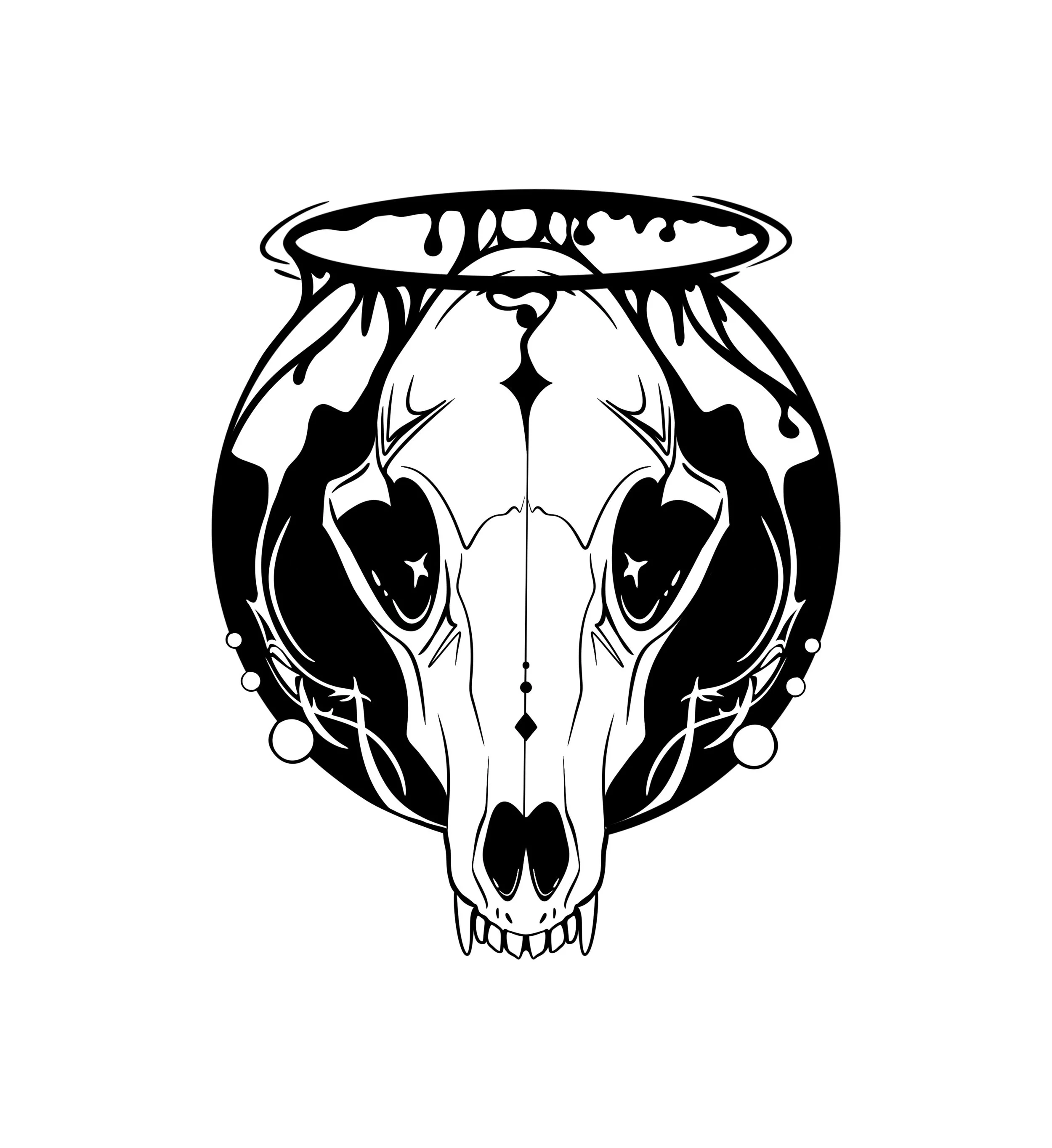 Black and white illustration of a dog skull, with decorative and abstract patterns surrounding it.