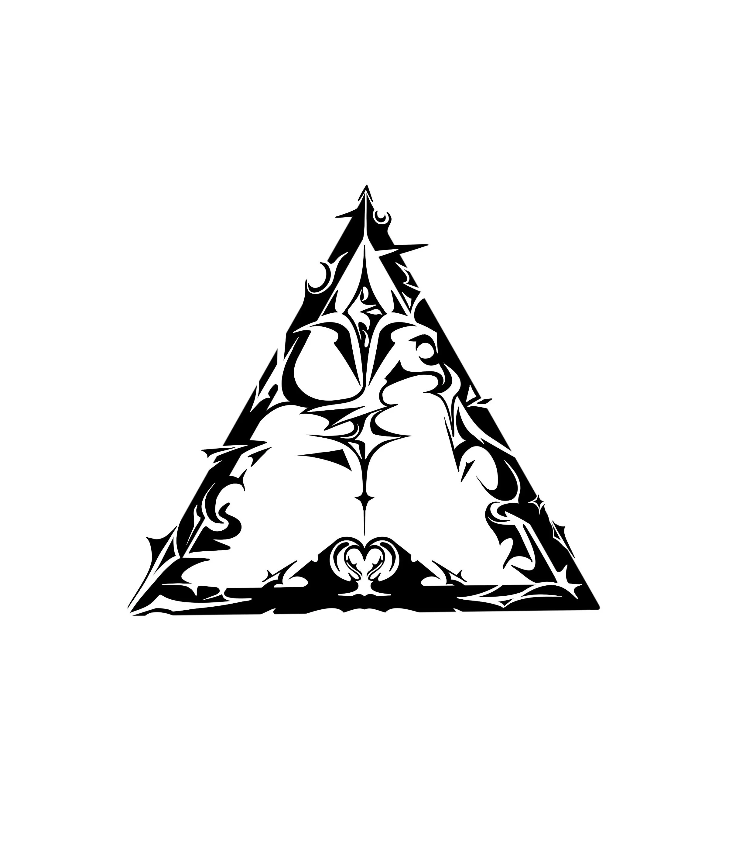 A black tribal-style tattoo design of an equilateral triangle with intricate patterns and symmetrical details.