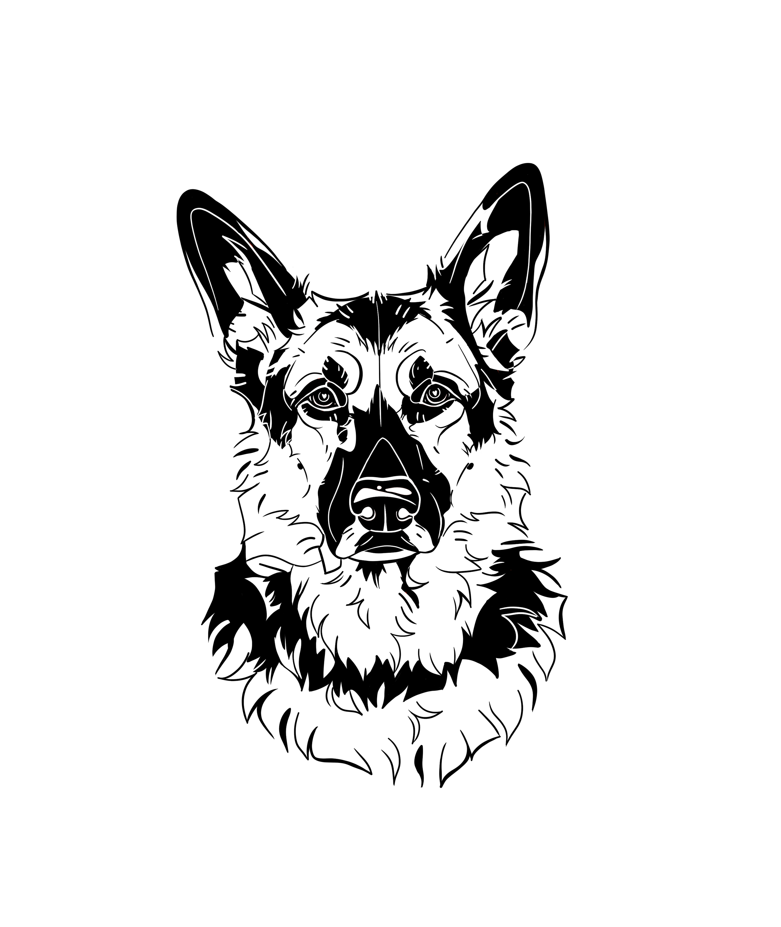 Black and white illustration of a German Shepherd dog's face, detailed with different shading patterns for fur and facial features.
