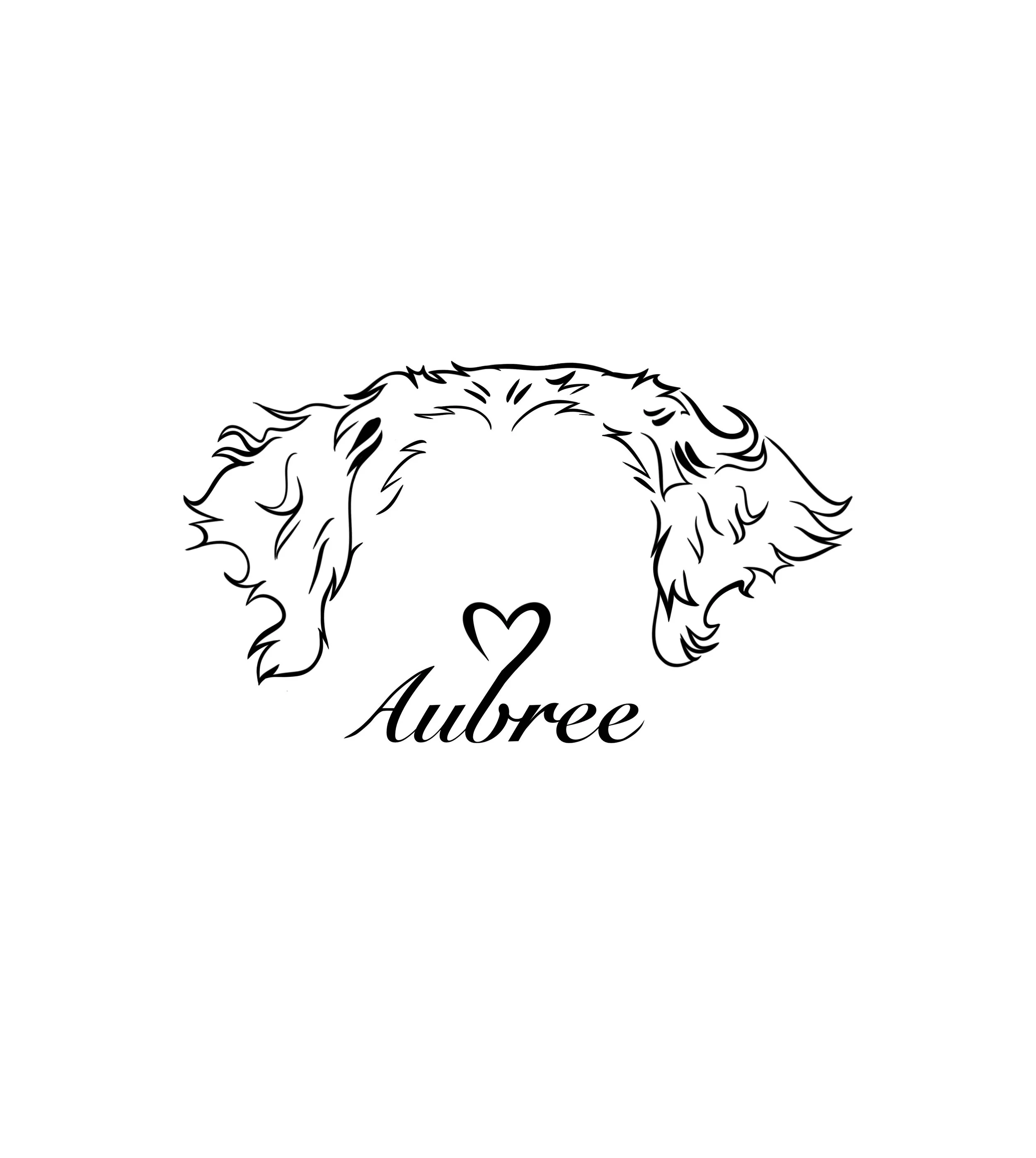 Line art illustration of a dog’s head with detailed fur, a heart shape, and the name 'Aubree' in elegant cursive below.