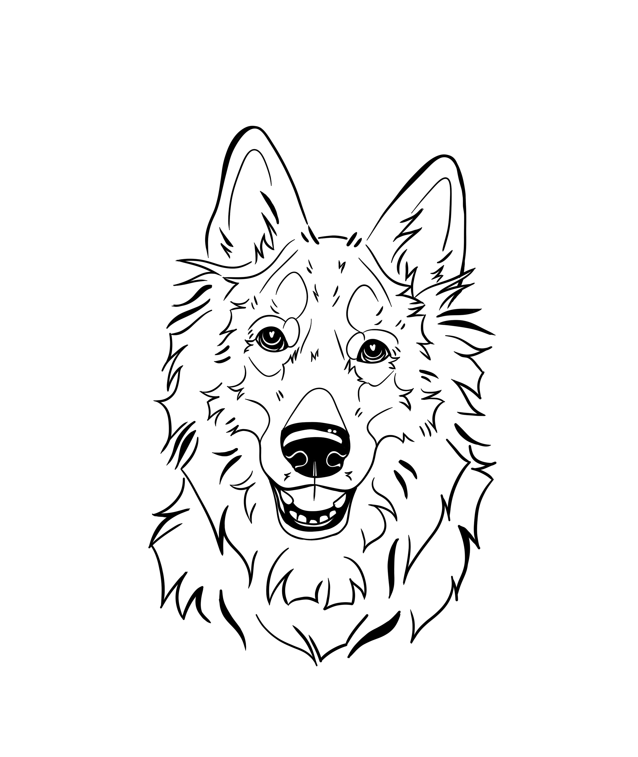Black and white line drawing of a smiling dog with detailed fur and expressive eyes.