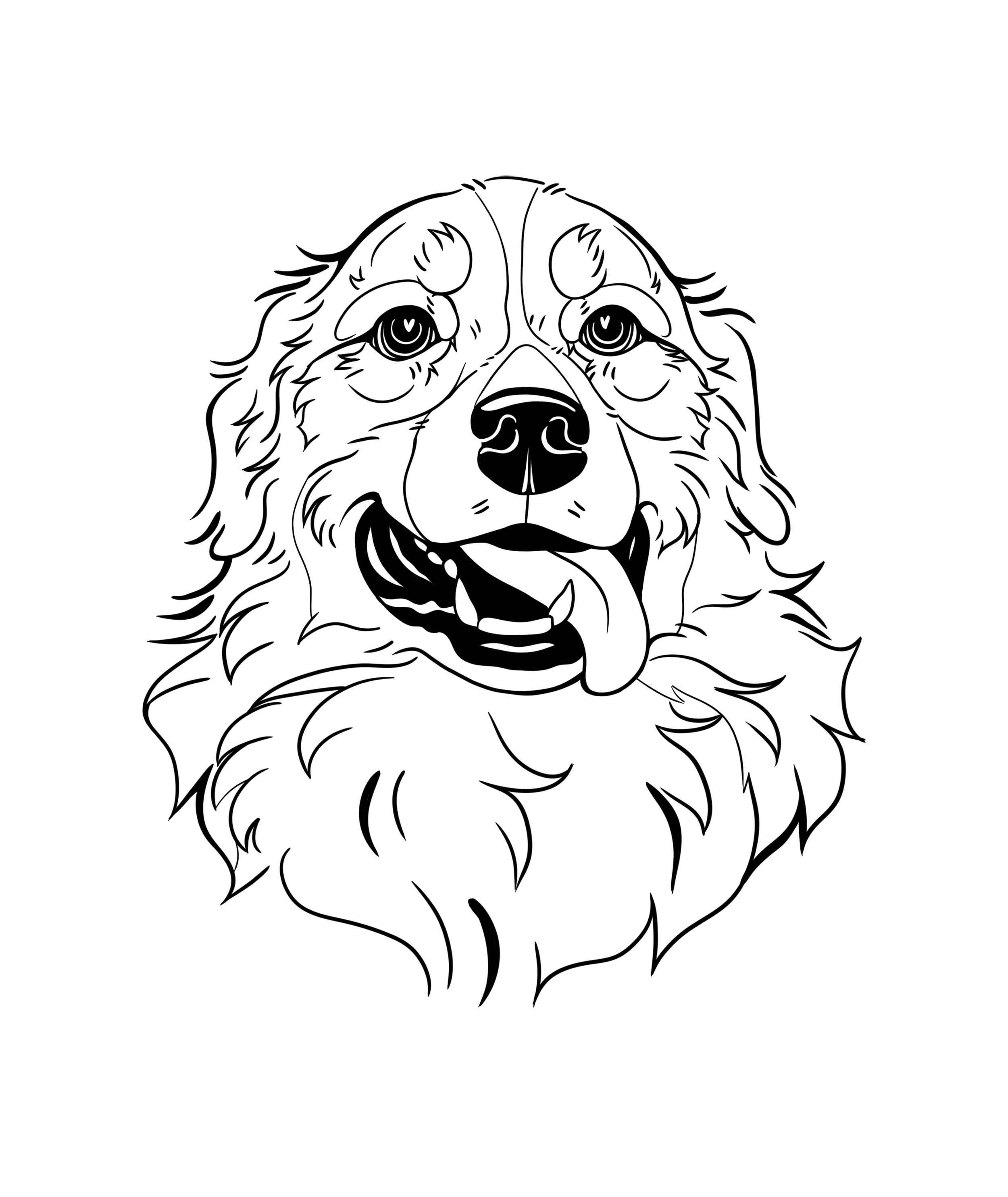 A black and white line drawing of a happy dog with its tongue hanging out.
