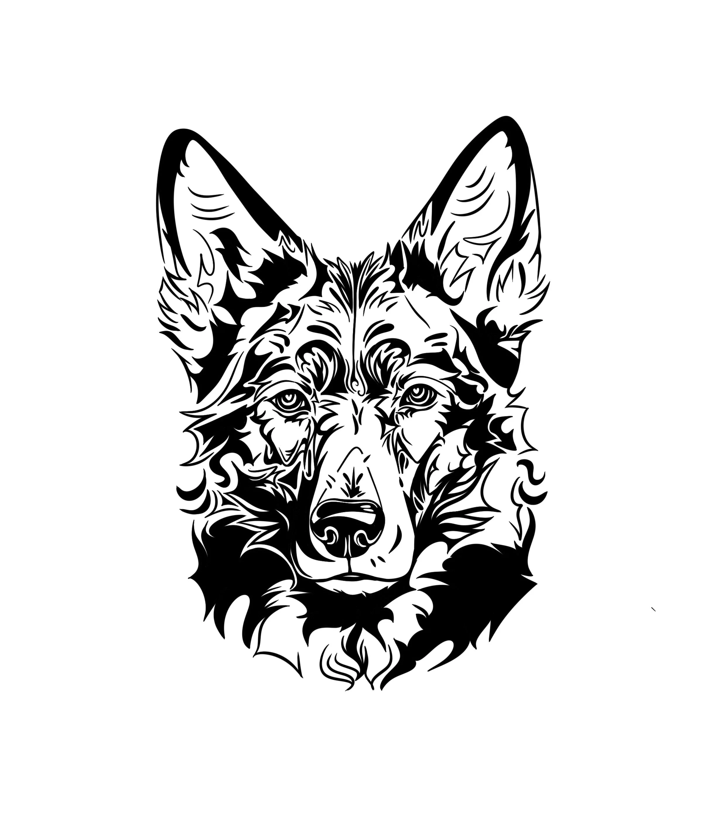 Black and white illustration of a German Shepherd's face with detailed fur and piercing eyes.