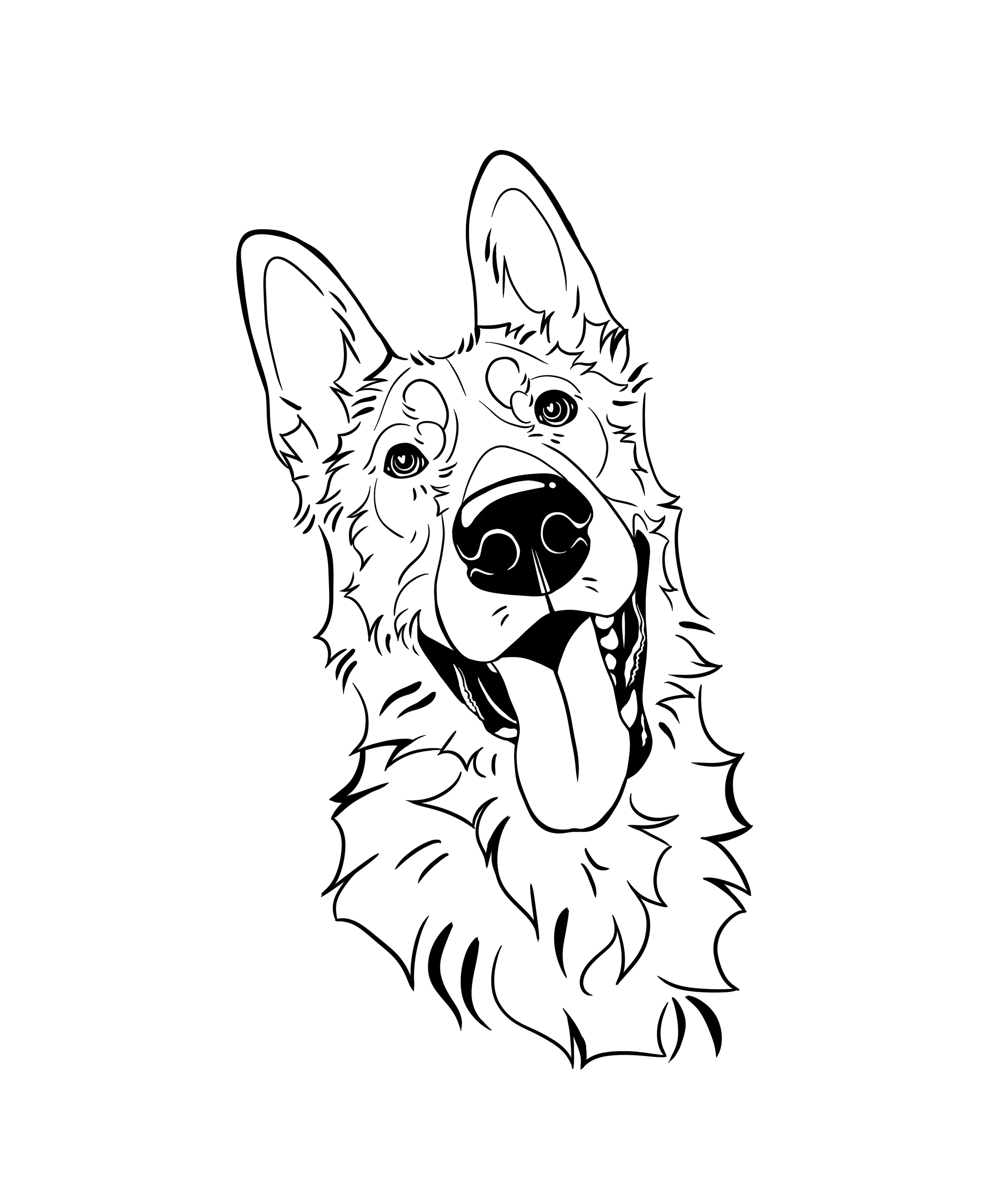 Black and white line drawing of a happy dog, possibly a German Shepherd, with its tongue out and ears up.