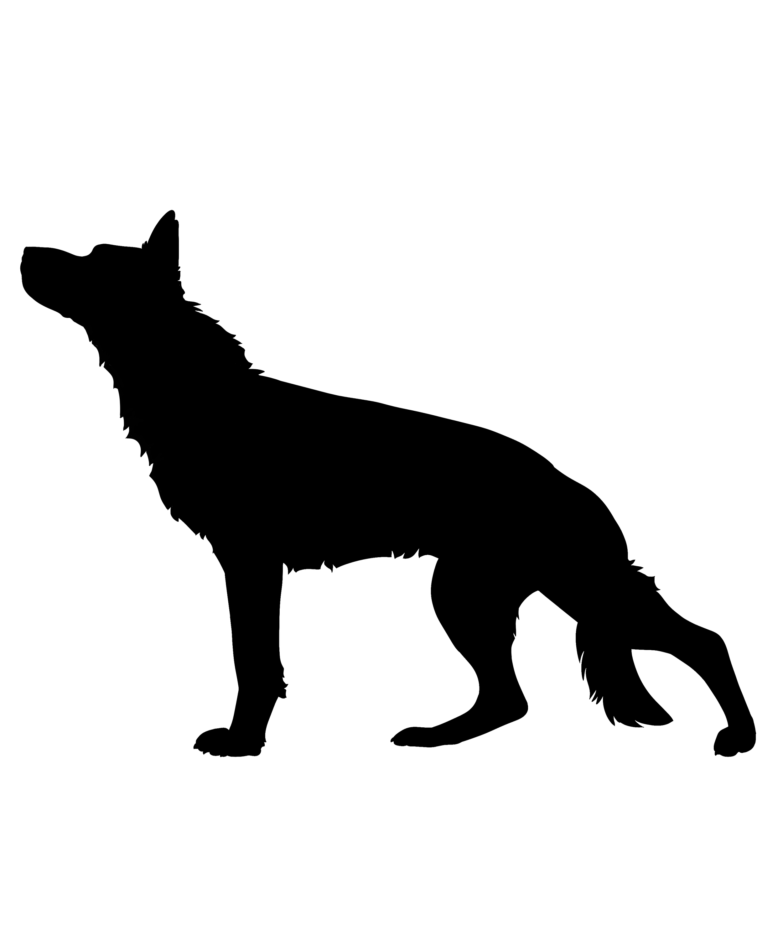Silhouette of a sitting dog, likely a German Shepherd, facing left.