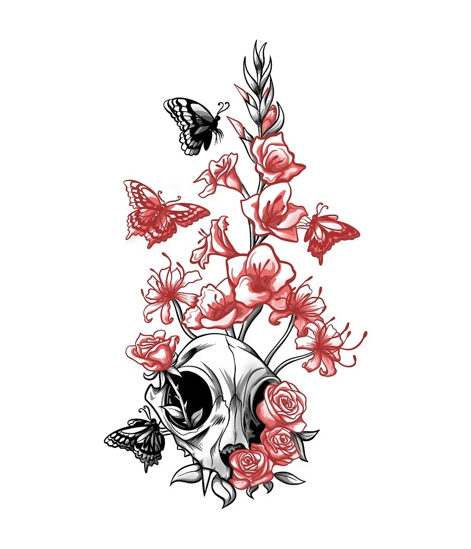 A skull with roses and butterflies, some roses and butterflies are red, with black and white accents. The skull has an open eye socket and is adorned with roses and butterflies.