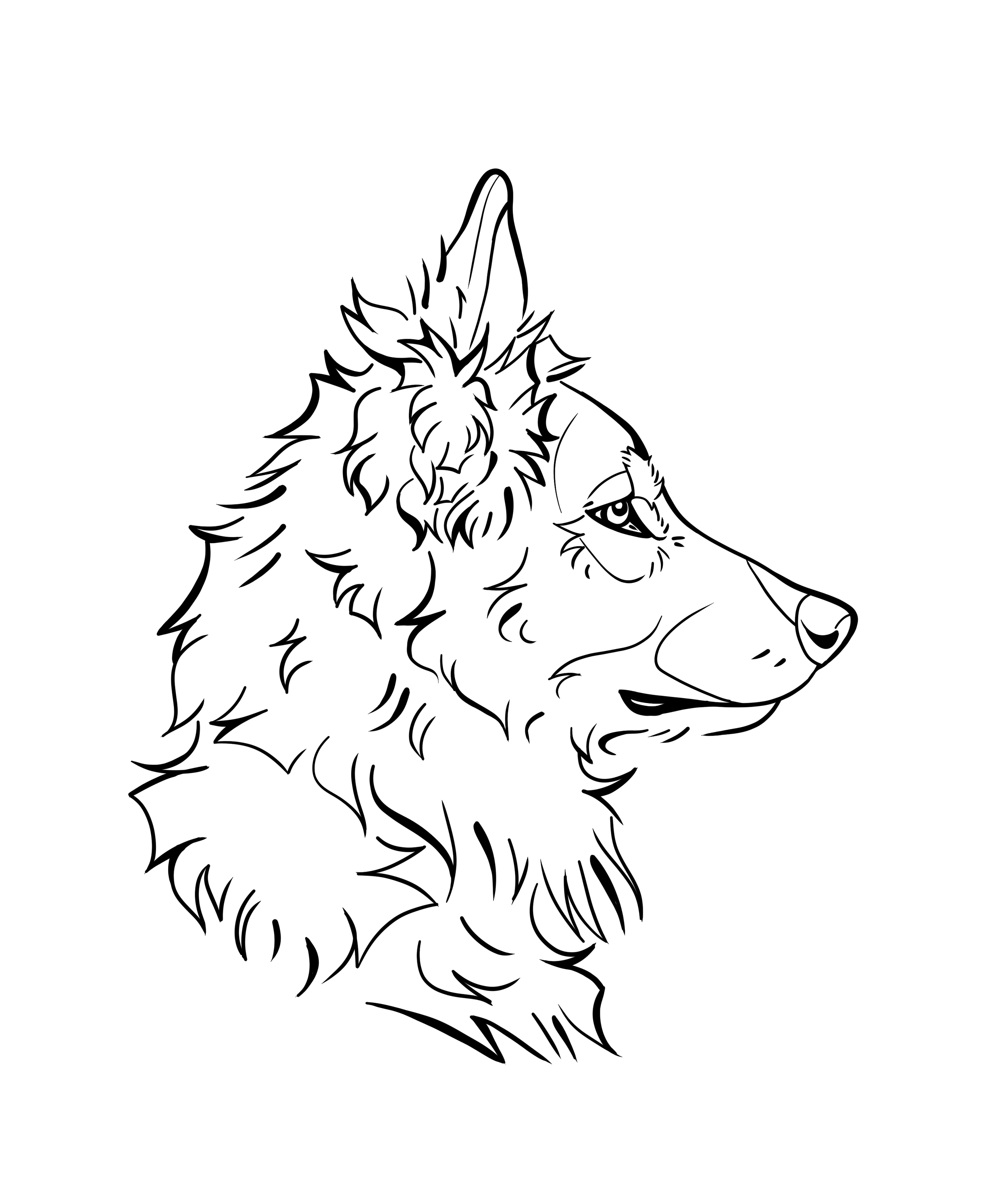 Black and white outline drawing of a dog in profile looking to the right.