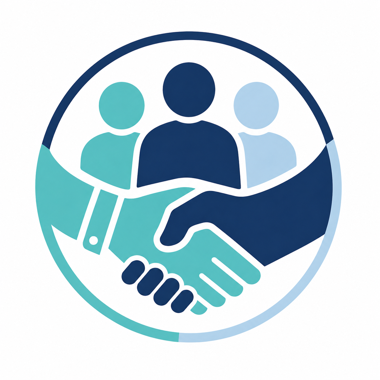 Icon of three people with arms linked inside a circle, representing collaboration or teamwork.