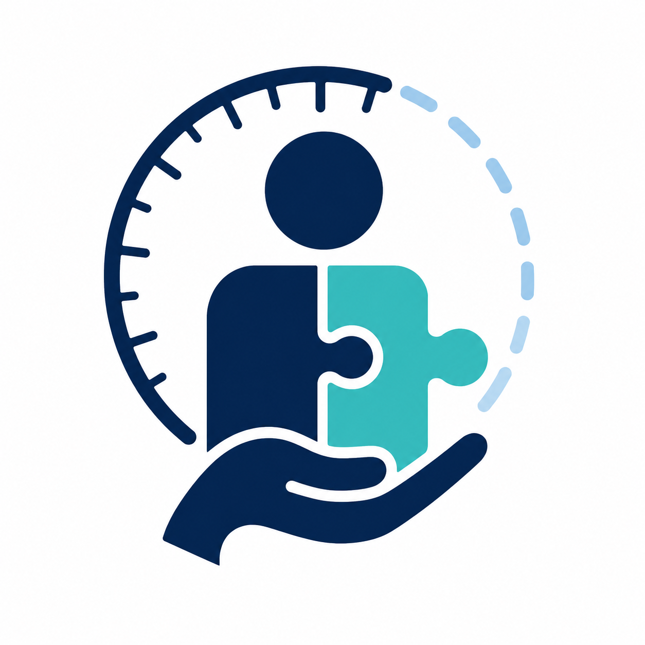 Icon of a hand holding a puzzle piece with a human figure and a clock in the background, symbolizing support or community assistance.