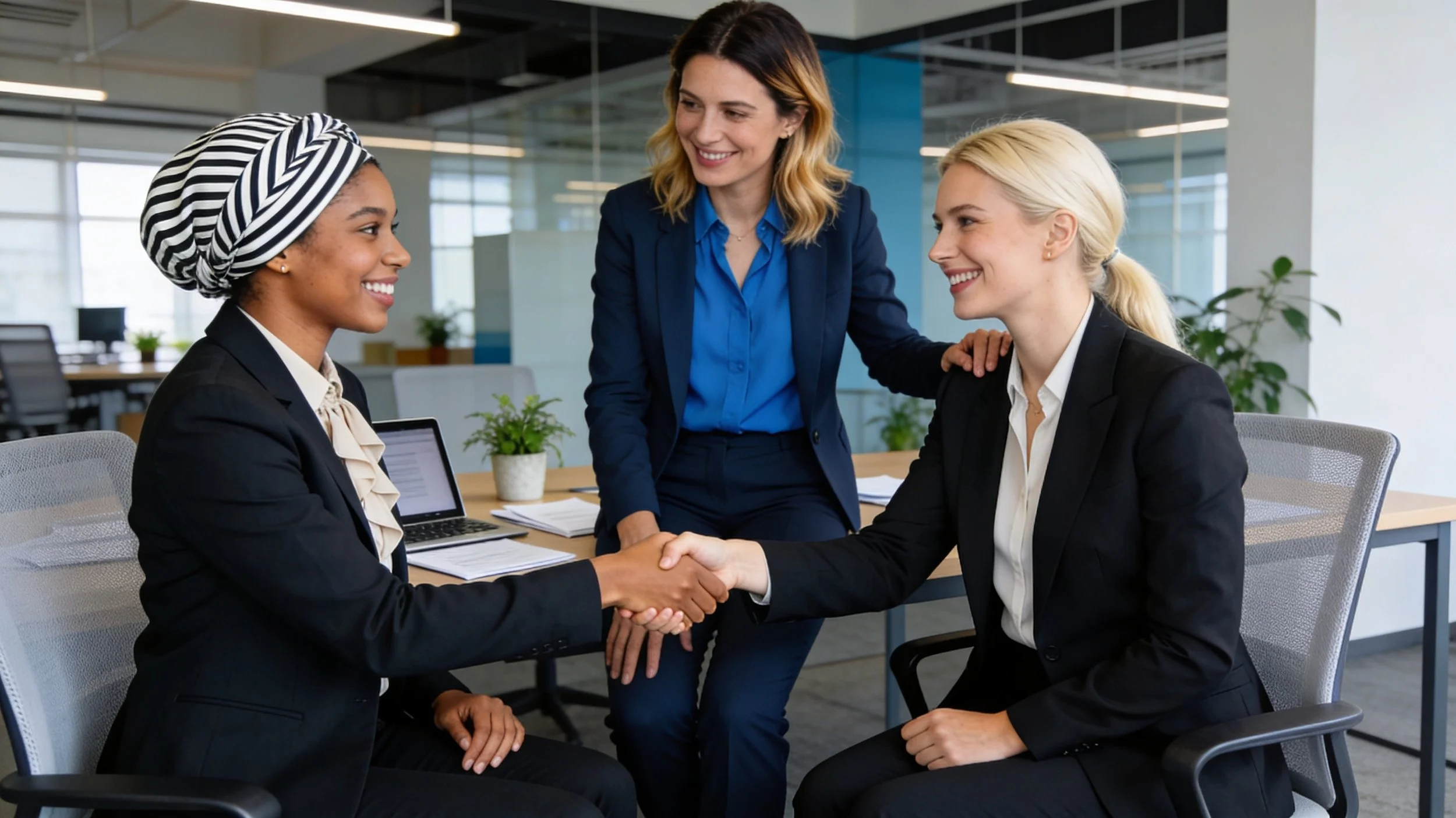 Three women in a professional office setting, two are seated at a table shaking hands, and the third standing between them smiling, suggesting a successful meeting or agreement.