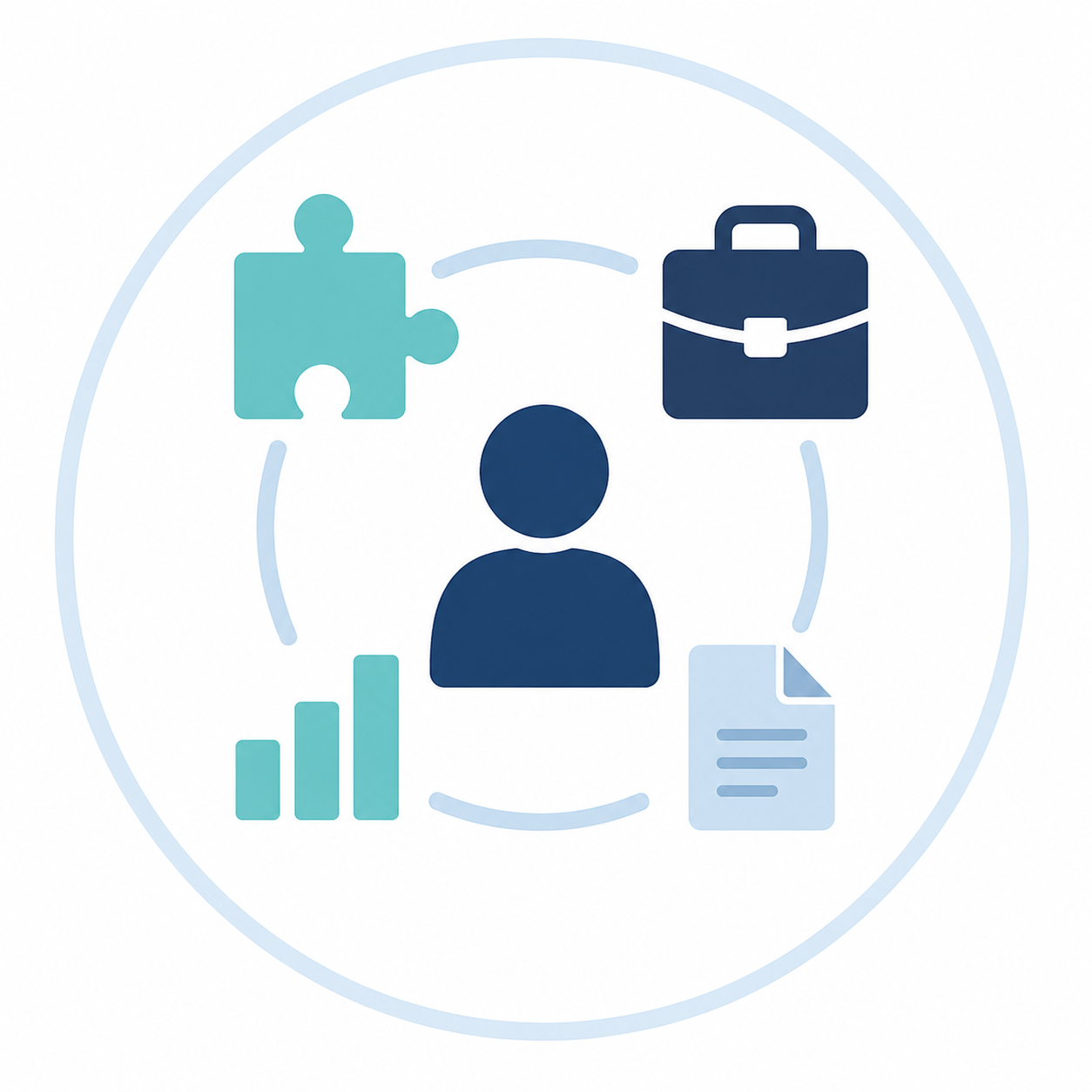 Central user icon surrounded by icons representing puzzle piece, briefcase, bar chart, and document, indicating concepts of problem-solving, work, data analysis, and documentation.