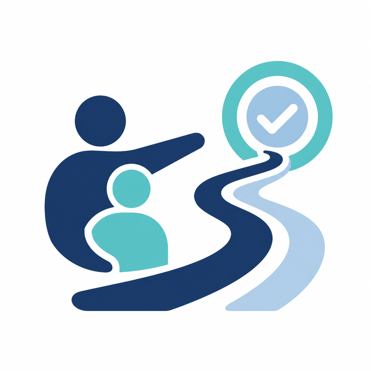 Two abstract human figures, one larger and one smaller, walk along a curved path toward a checkmark symbol at the end of the path, indicating achievement or completion.