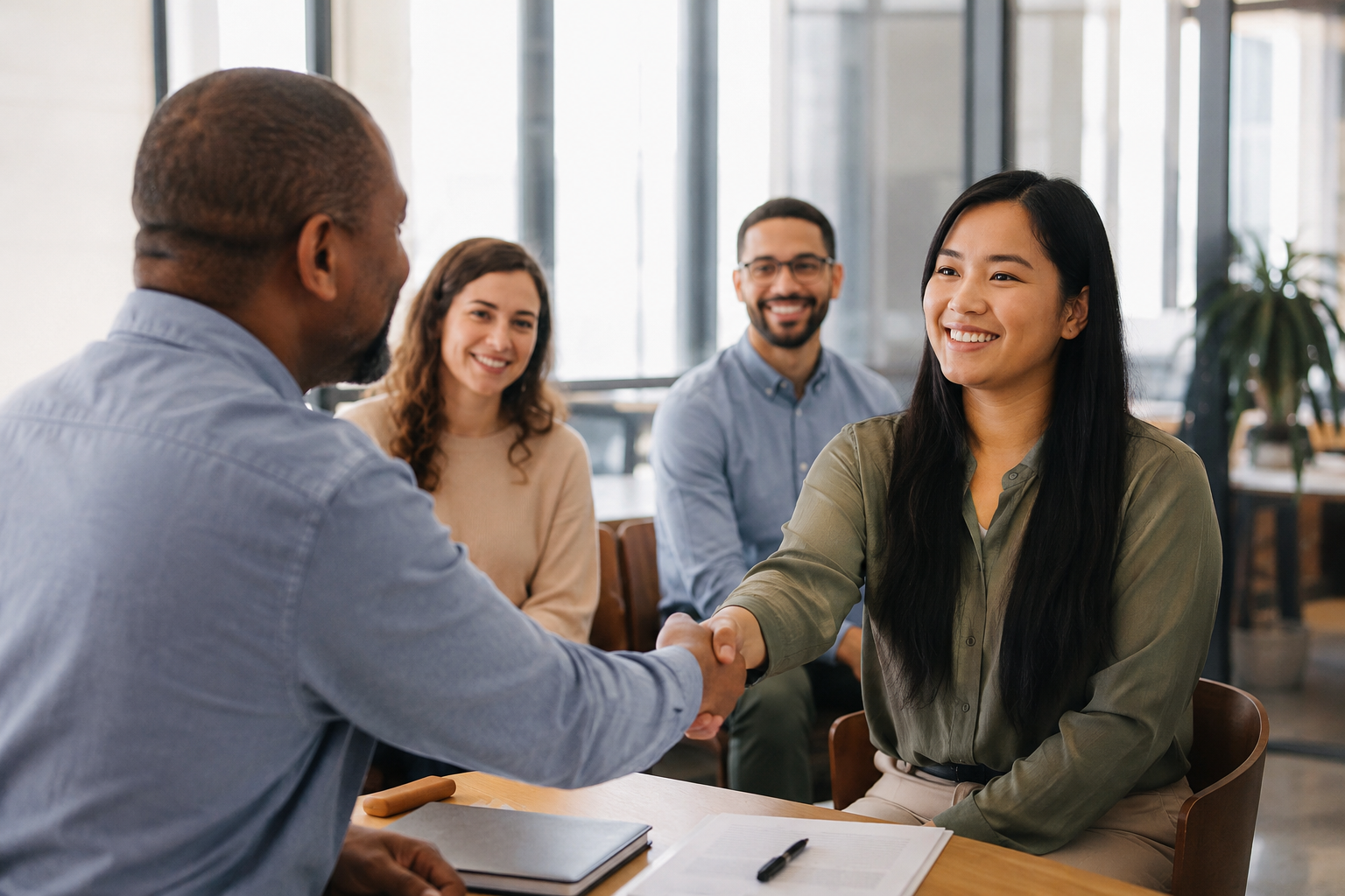 A diverse group of four young adults in a modern office, with two women and two men, engaged in a successful business meeting with one woman and older man shaking hands across a wooden table.