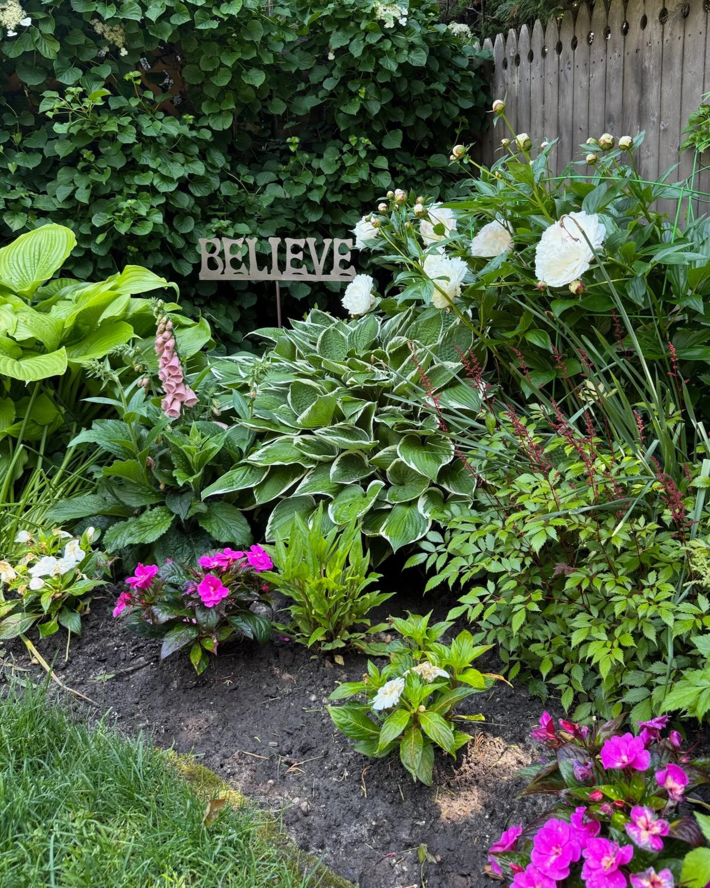 Lush wildflower cottage garden with peonies and impatiens creating a natural colorful outdoor space — landscape design by Chasky, Nassau County NY