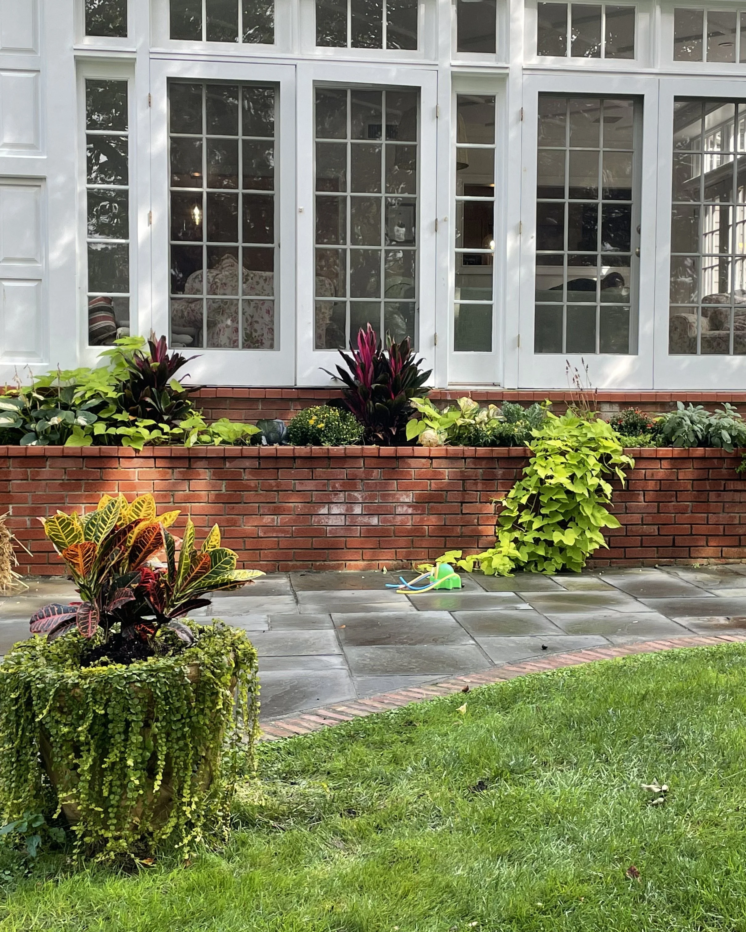 Manicured low maintenance backyard foundation planting along house wall with custom planter pot — landscape design by Chasky, Woodbury NY
