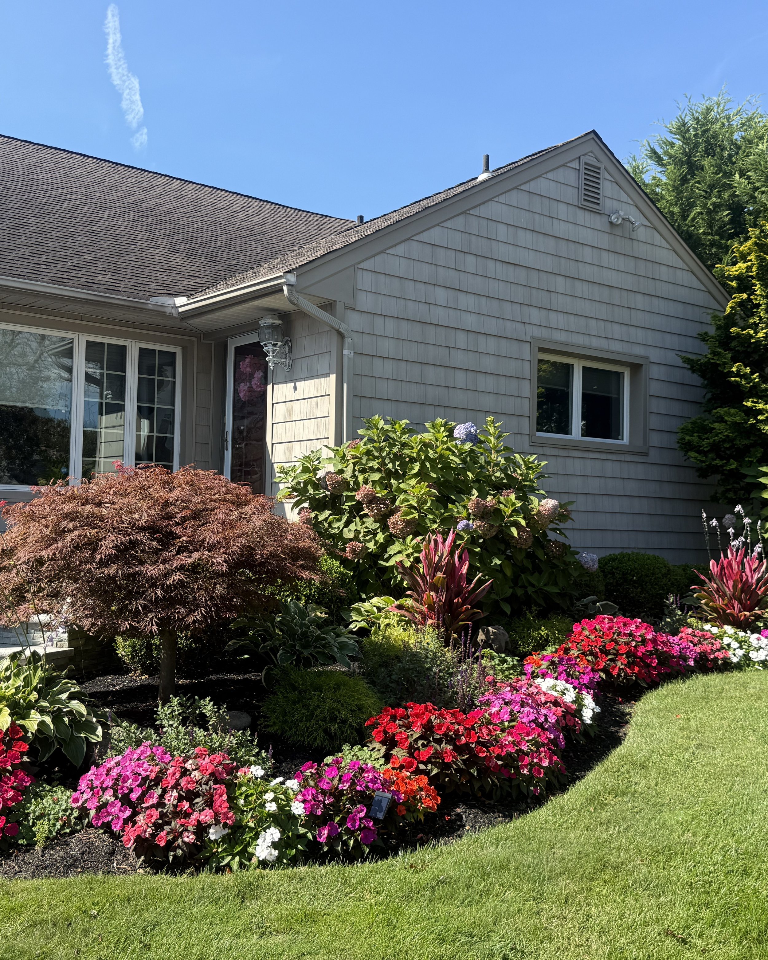 Colorful foundation planting with pink, red and white flowers creating vibrant curb appeal on front yard — landscape design by Chasky, Atlantic Beach NY