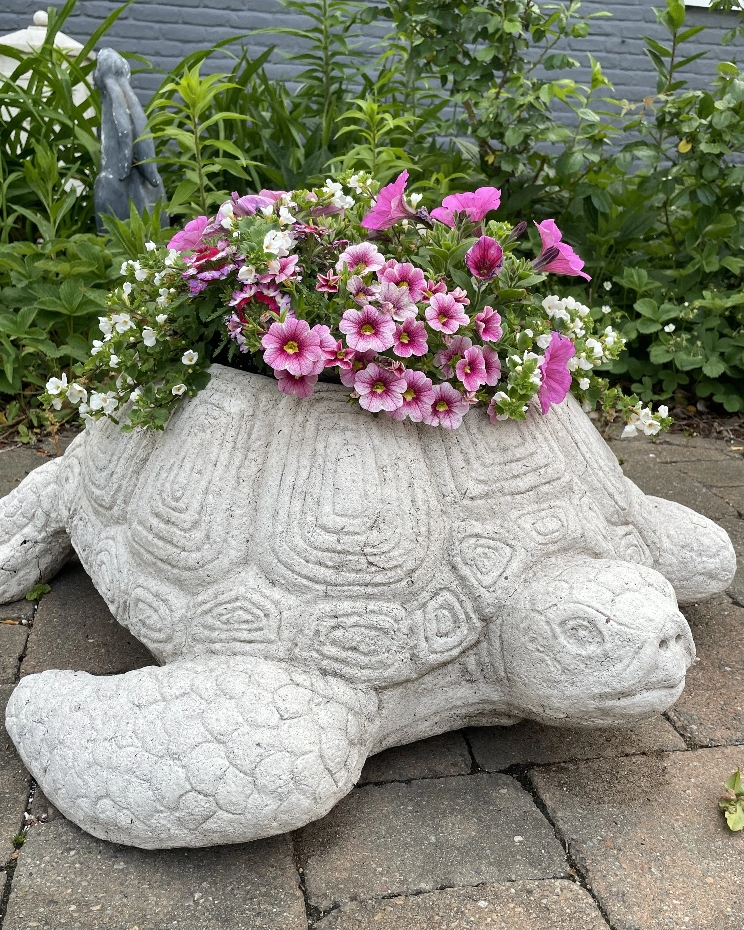 Vibrant pink and white color pop turtle planter pot design adding personality and charm to outdoor space — landscape design by Chasky, Cedarhurst NY