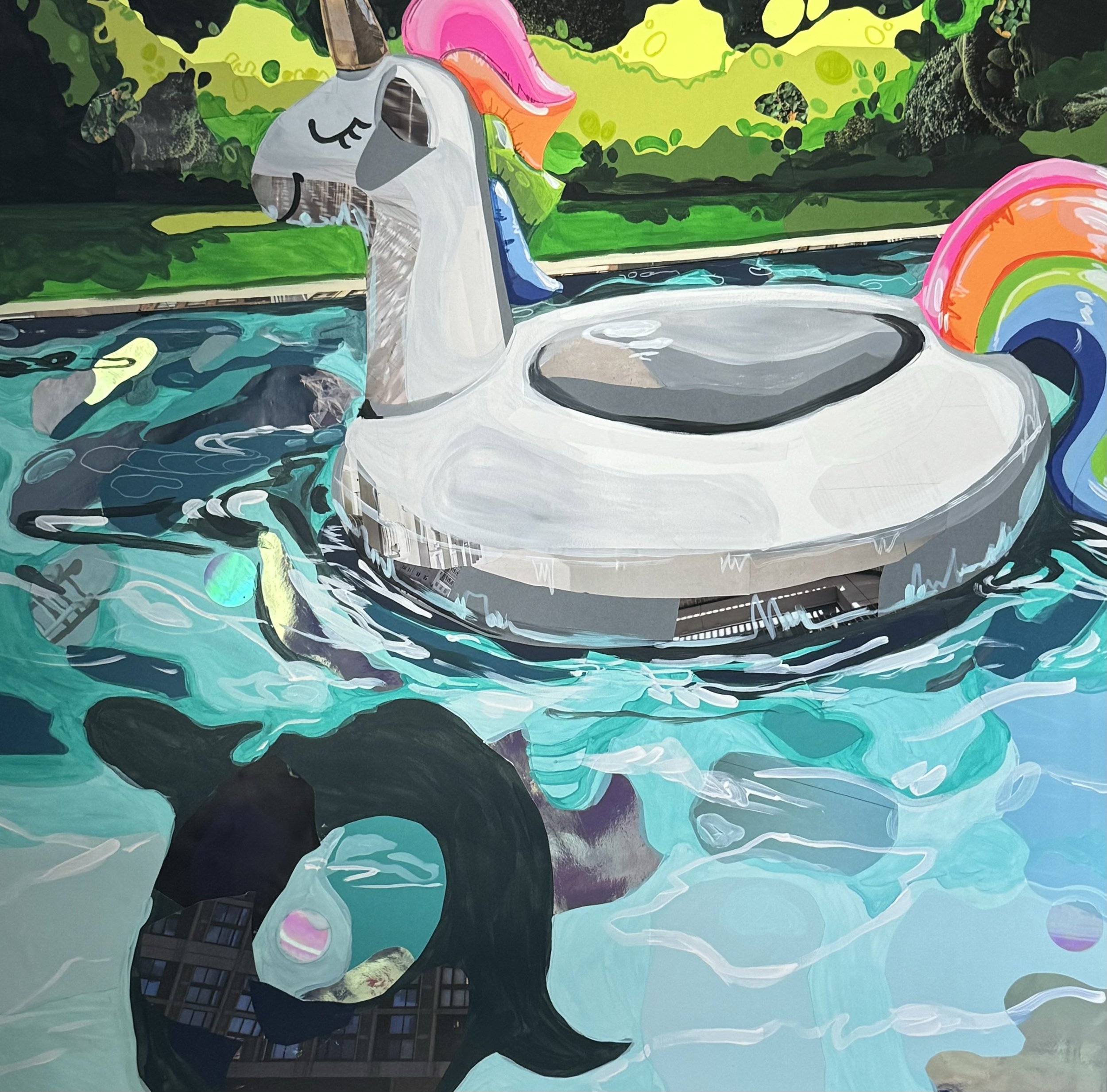 Unicorns can Swim!

34.5 x 35''
Acrylic paint, ink, and paper on paper 