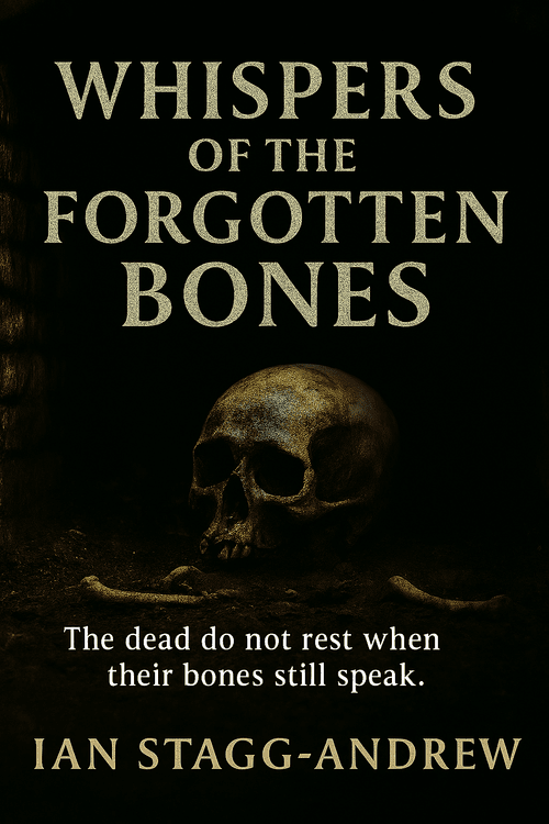 Book cover with a dark background featuring a human skull and the title "Whispers of the Forgotten Bones" by Ian Stagg-Andrew. The subtitle states, "The dead do not rest when their bones still speak."