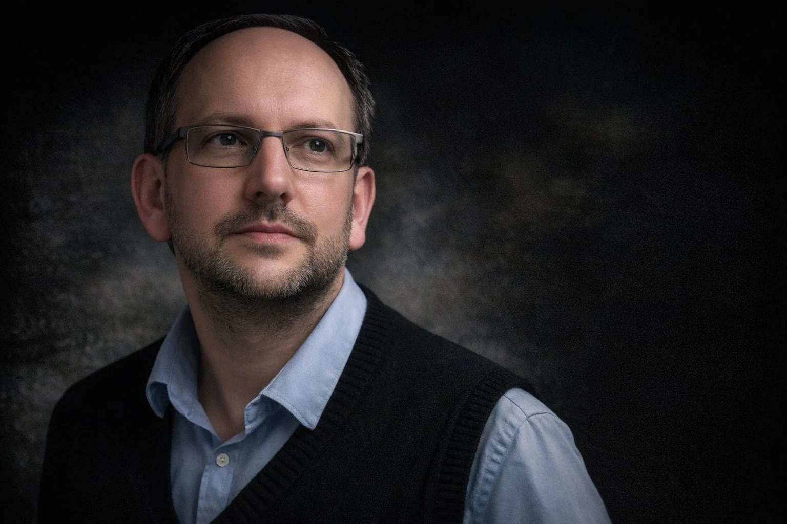 Portrait of a man with glasses, a beard, and wearing a light blue shirt with a dark sweater vest, against a dark textured background.