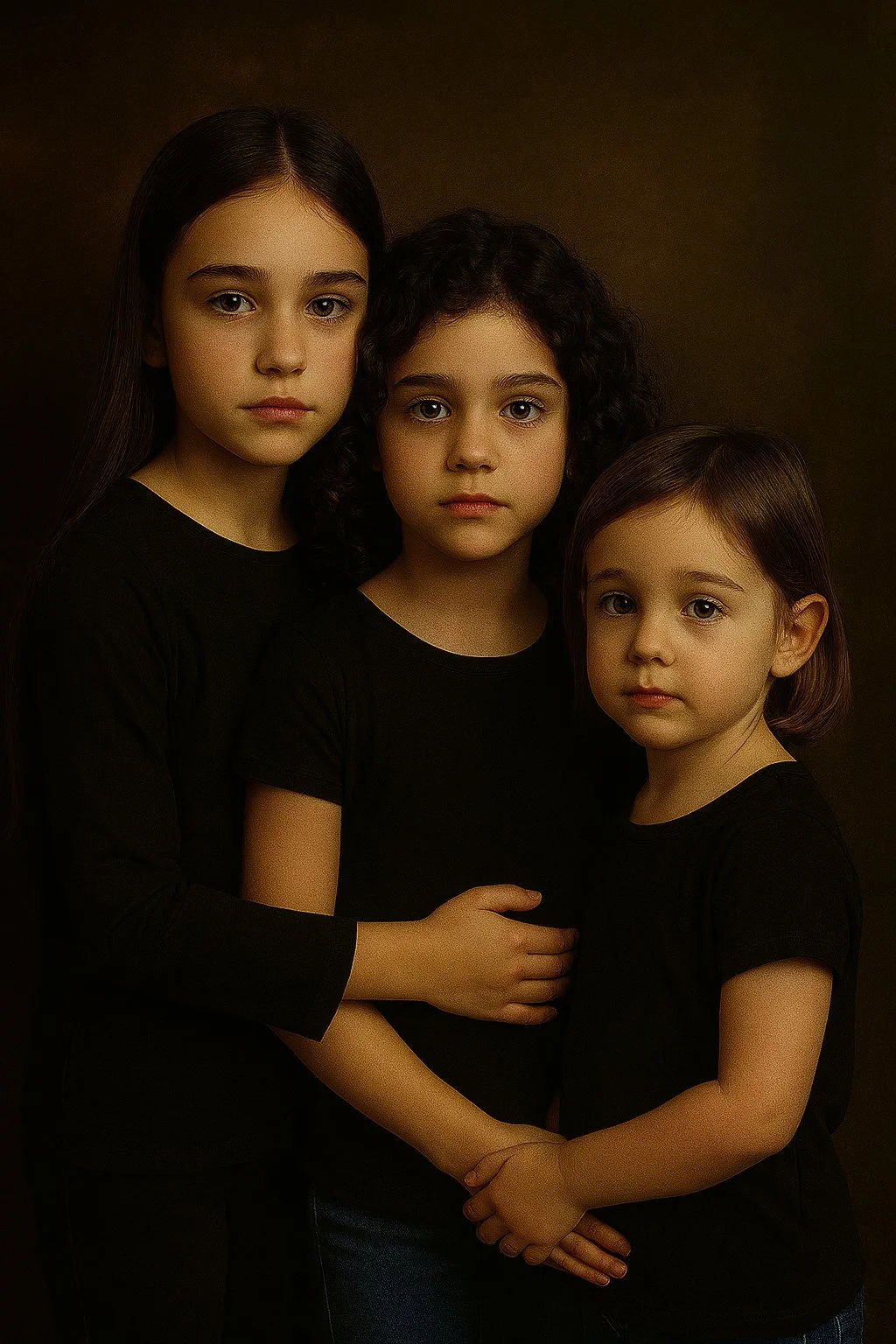 Three young girls with serious expressions, standing closely together against a dark background, dressed in black shirts.