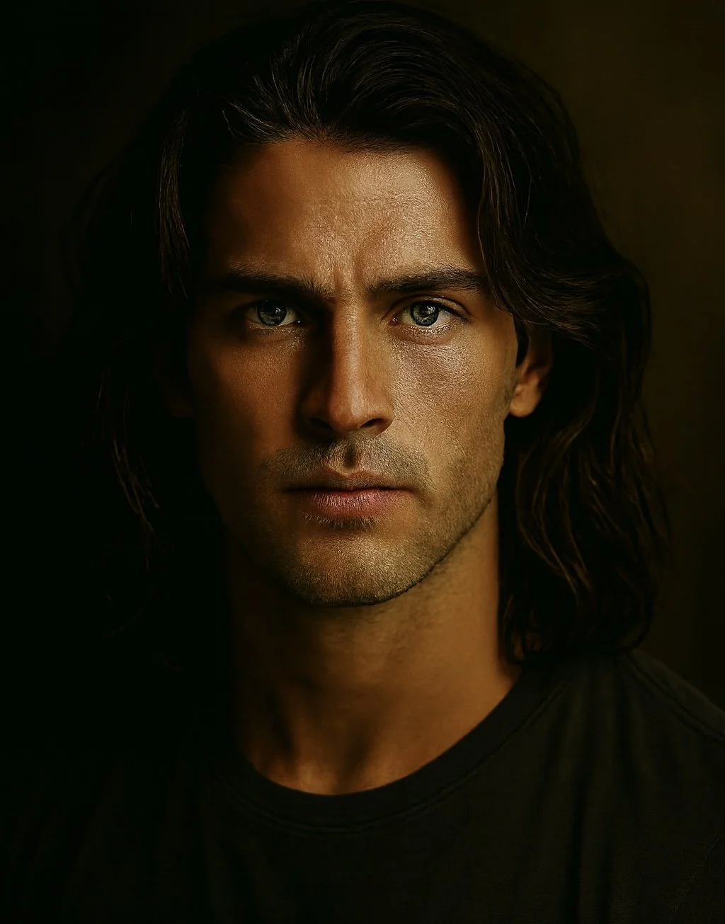 Close-up portrait of a man with long dark hair and piercing blue eyes, wearing a black shirt, against a dark background.