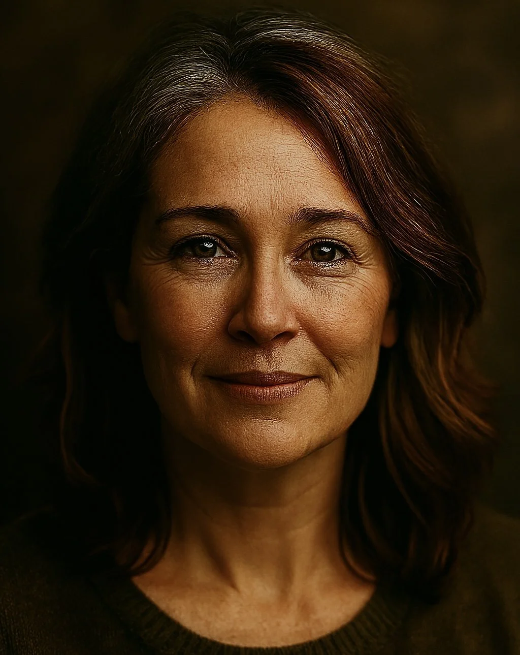 Close-up portrait of a middle-aged woman with shoulder-length brown hair, smiling softly, wearing a dark sweater.