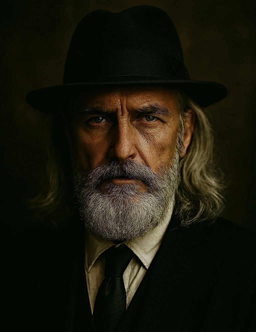 A portrait of an older man with long gray hair and a gray beard, wearing a black hat, black suit, white shirt, and black tie, against a dark background.