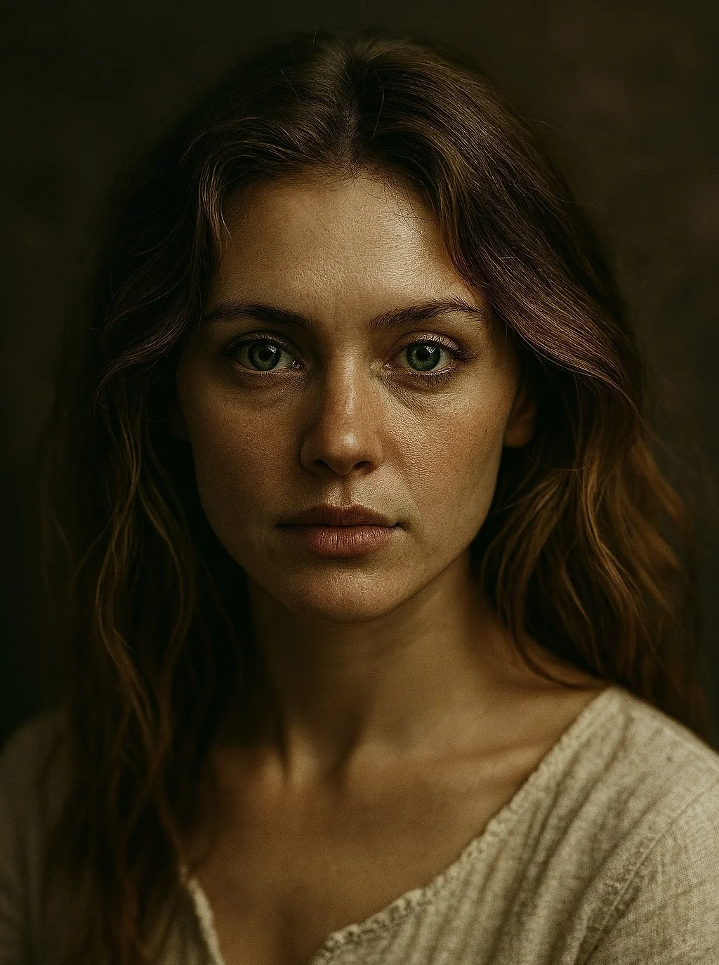 Close-up of a woman with wavy brown hair and green eyes looking directly at the camera, wearing a beige top against a dark background.
