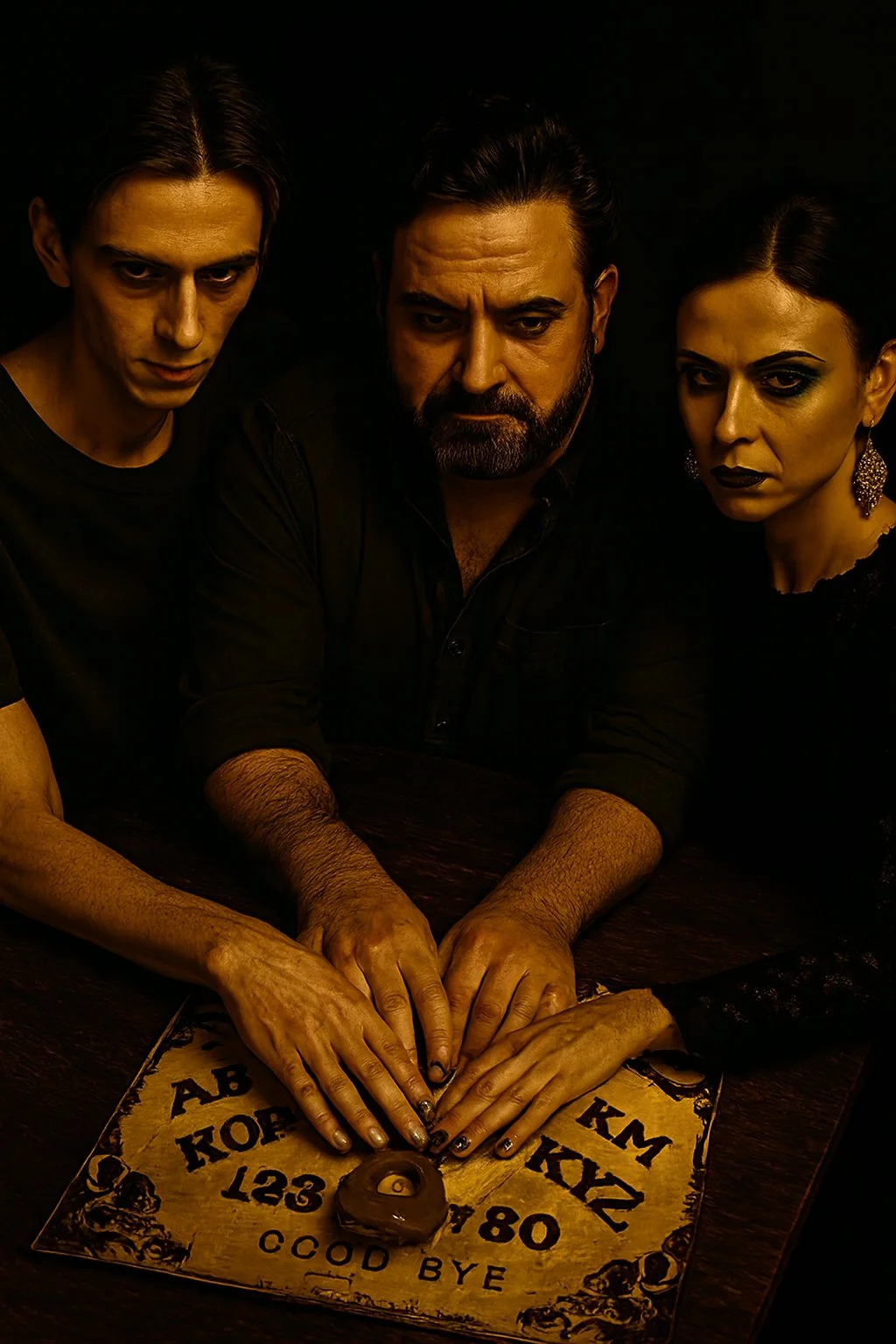 Three people with serious expressions gather around a spirit board. Their hands are placed on a planchette. The scene has dark lighting and a dark background.