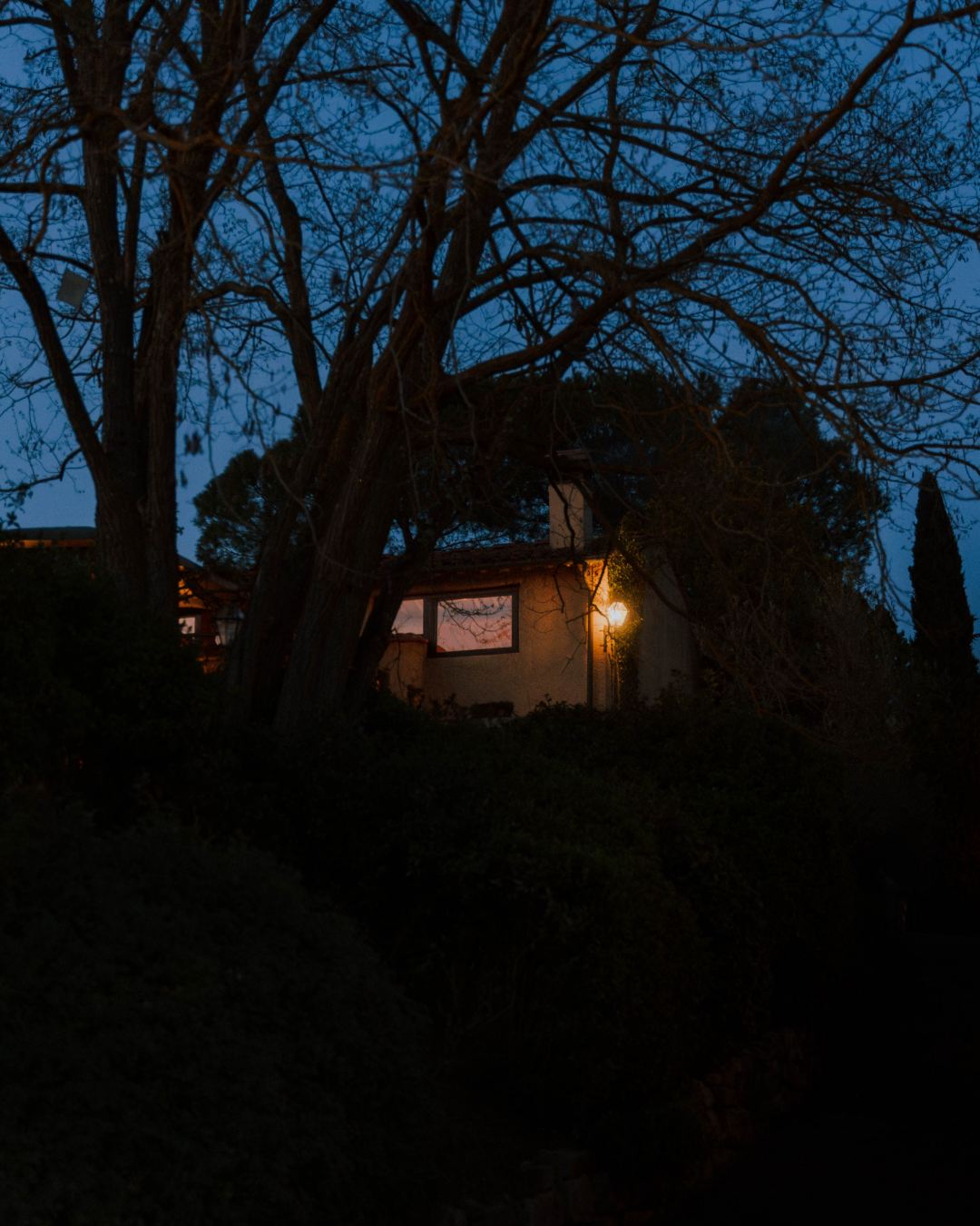 Une maison éclairée par une lampe, vue depuis l'extérieur, entourée d'arbres, en fin de soirée ou la nuit.