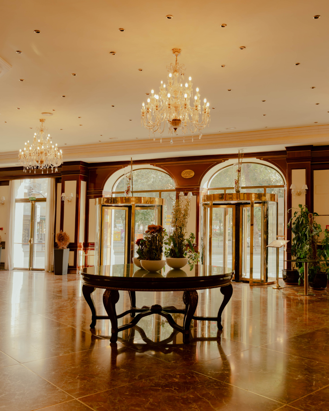 Intérieur d'un hall d'hôtel élégant avec un plafond orné de chandeliers en cristal, une table centrale avec des plantes en pot, et une zone d'entrée avec des portes automatiques et de grandes fenêtres.