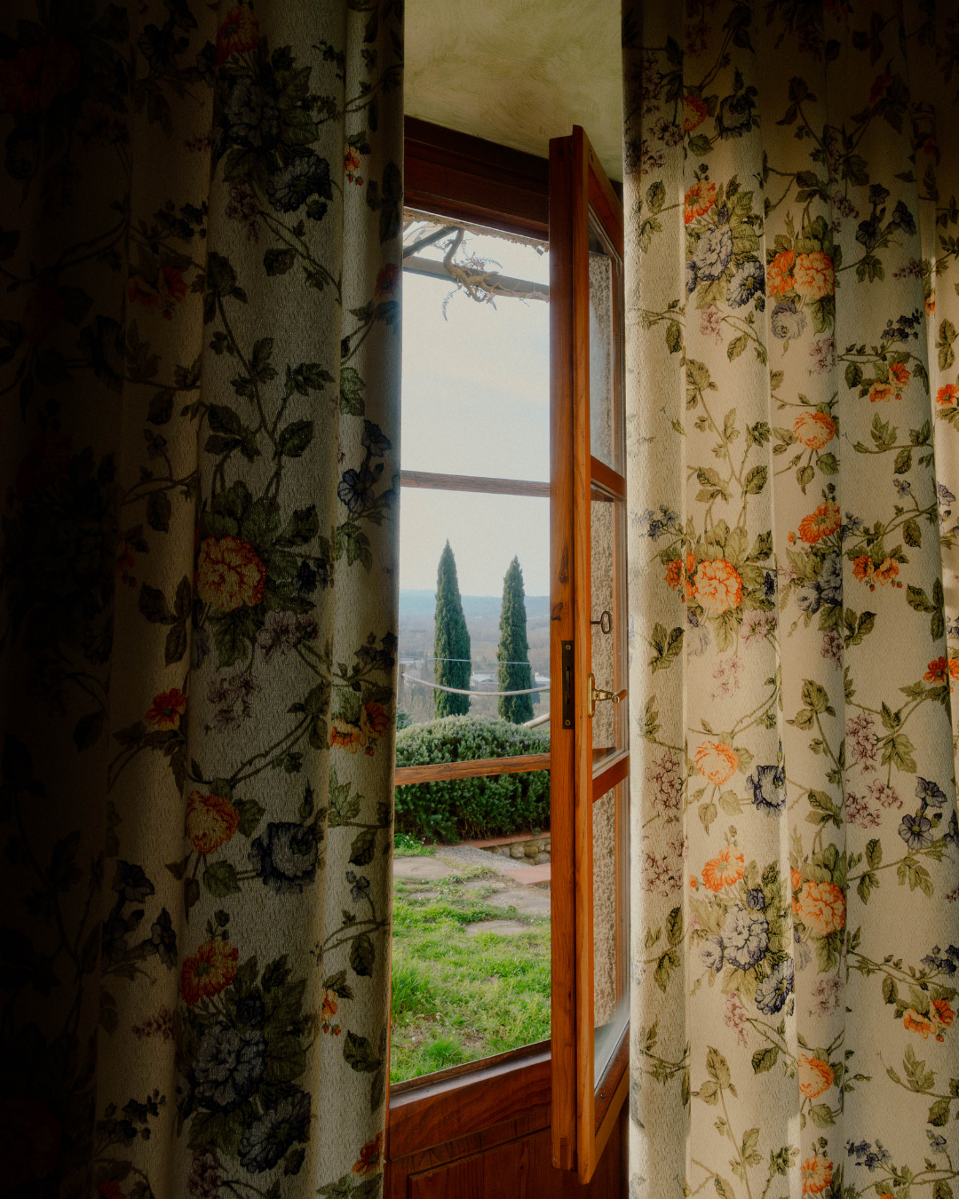 Une fenêtre à battants en bois ouverte sur un jardin avec des buissons et deux grands cèdres, vue à l'extérieur.