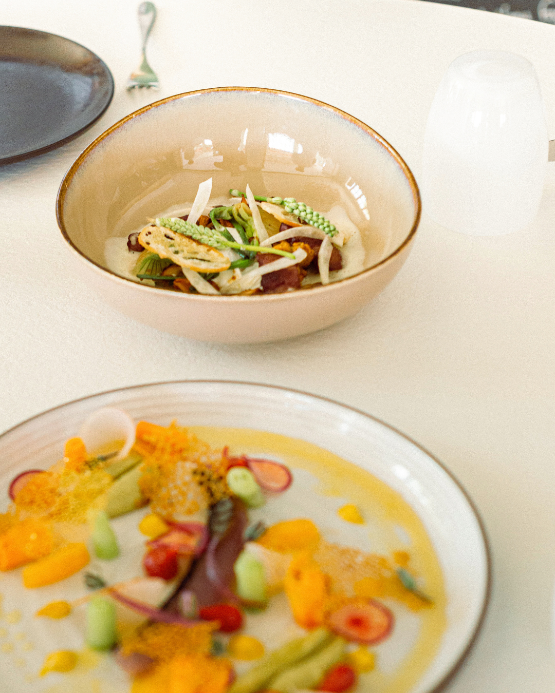 Assiette de cuisine moderne avec des légumes et une soupe ou sauce jaune, décorée avec des morceaux de légumes colorés, au premier plan. Bol contenant une salade ou un plat à base de légumes verts et autres ingrédients, en arrière-plan.