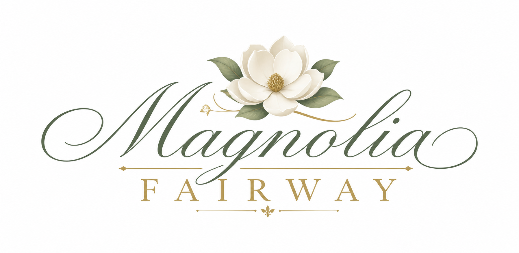 Logo for Magnolia Fairway featuring a white magnolia flower with green leaves and elegant cursive text.
