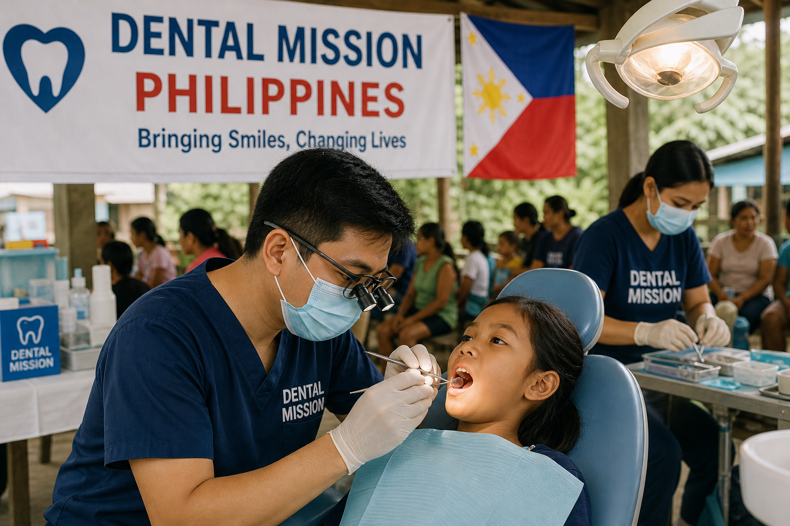 A young girl receiving dental treatment from a volunteer at a dental mission event in the Philippines.