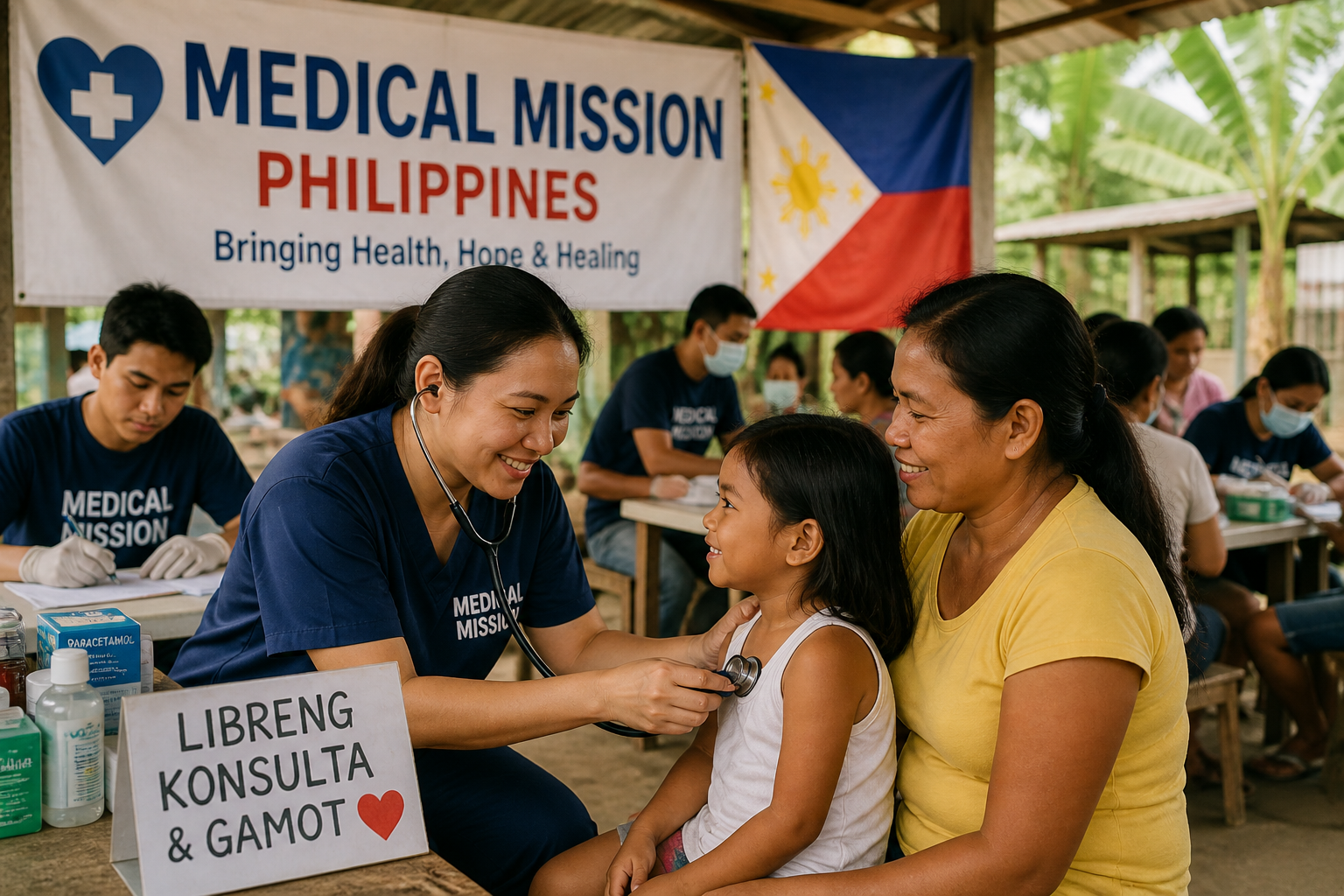 A healthcare worker uses a stethoscope to examine a young girl, who is sitting on her mother’s lap, at a medical mission in the Philippines.