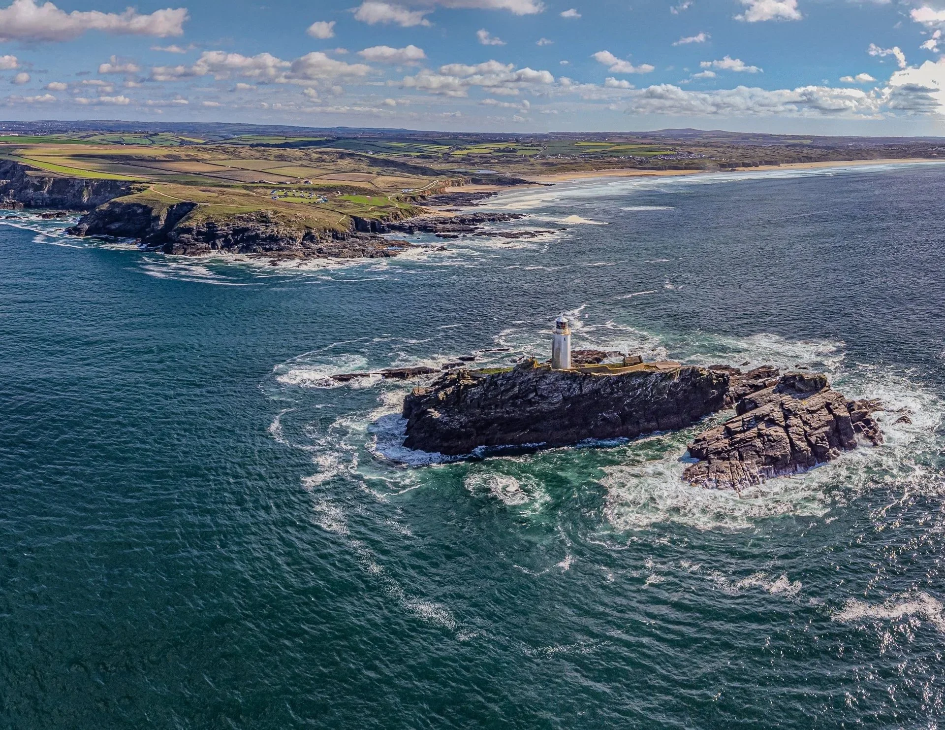 Godrevy from the sea looking back to shore.
