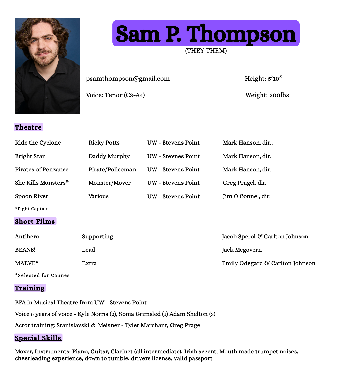 Overview of a theatrical production cast and crew, including a headshot of Sam P. Thompson, with sections for theater, short films, training, and special skills.