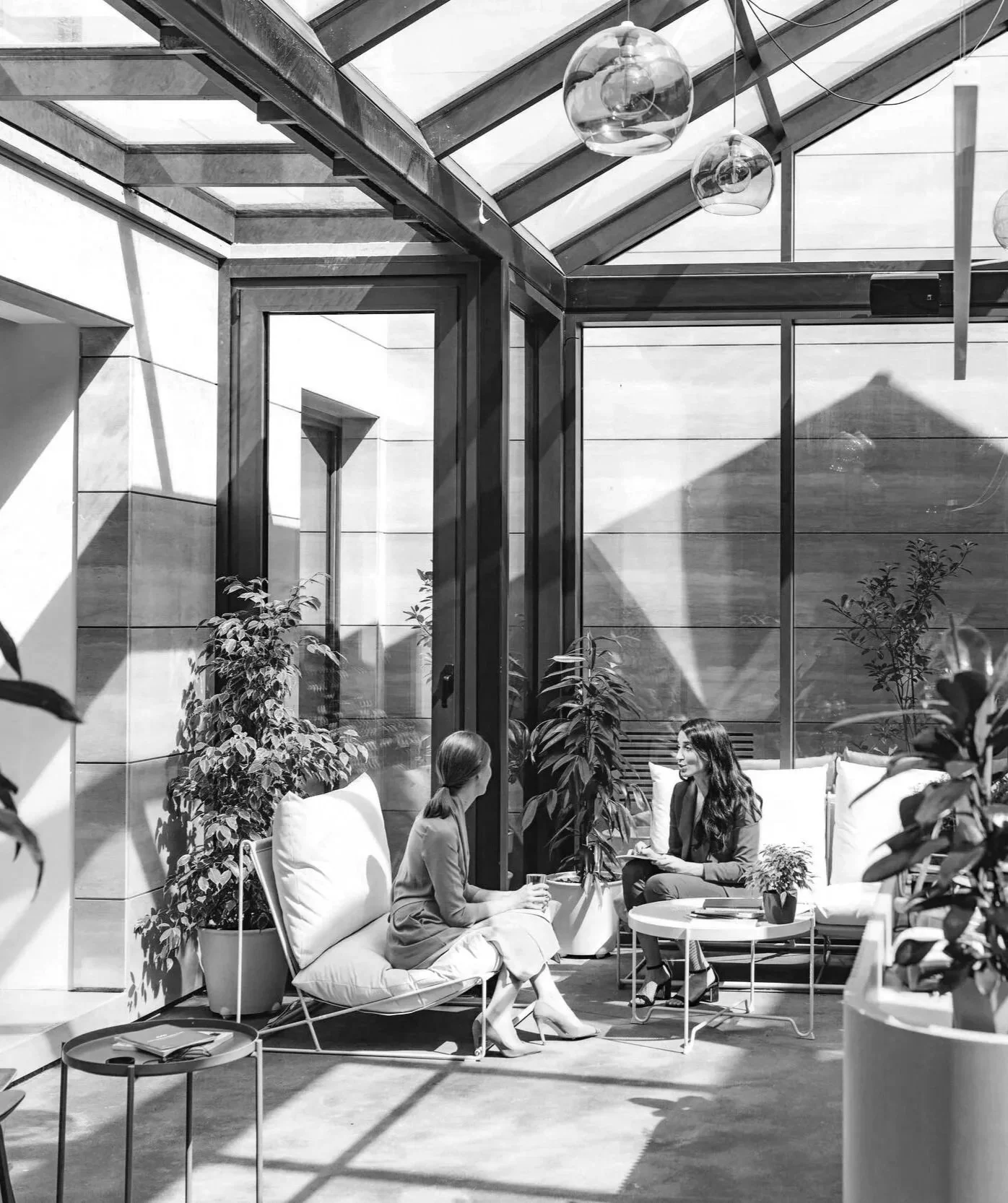 Two women in a modern glass sunroom having a seated conversation during a consultation