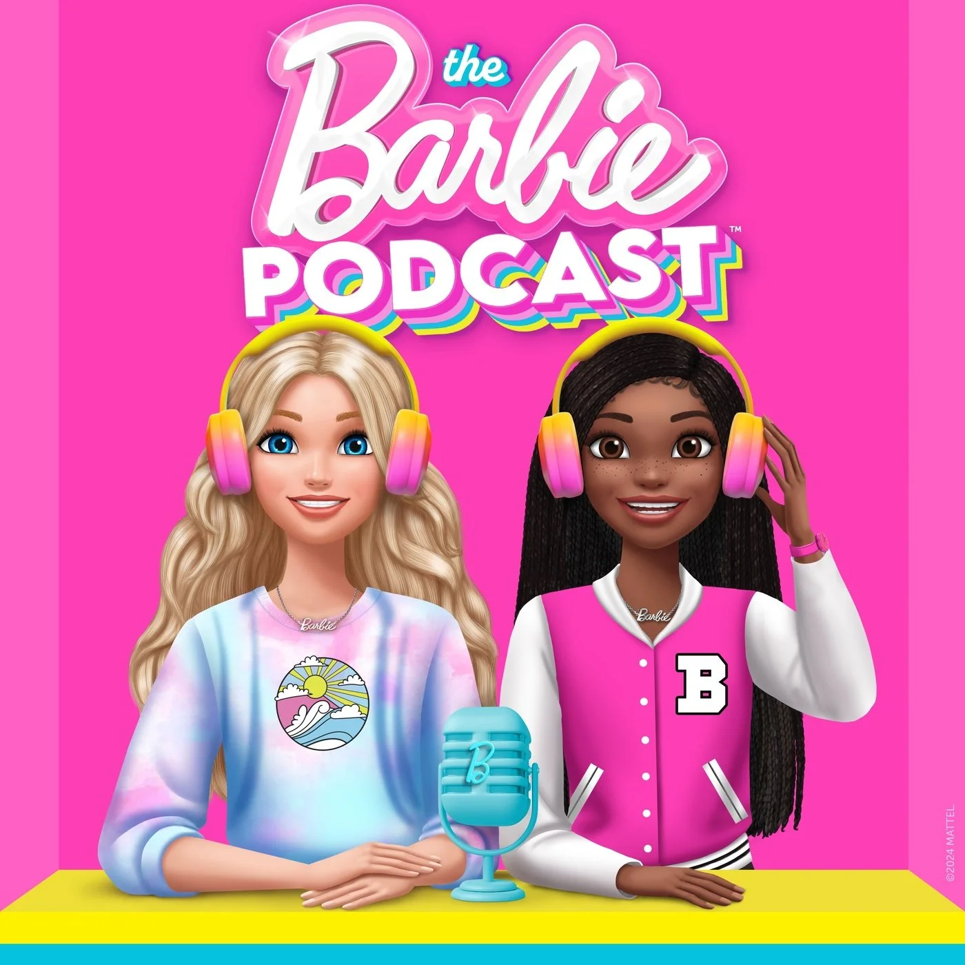 Colorful logo for 'The Barbie Podcast' with two animated Barbie characters wearing pink and white headphones, sitting at a yellow table with a turquoise microphone in front, against a pink background.