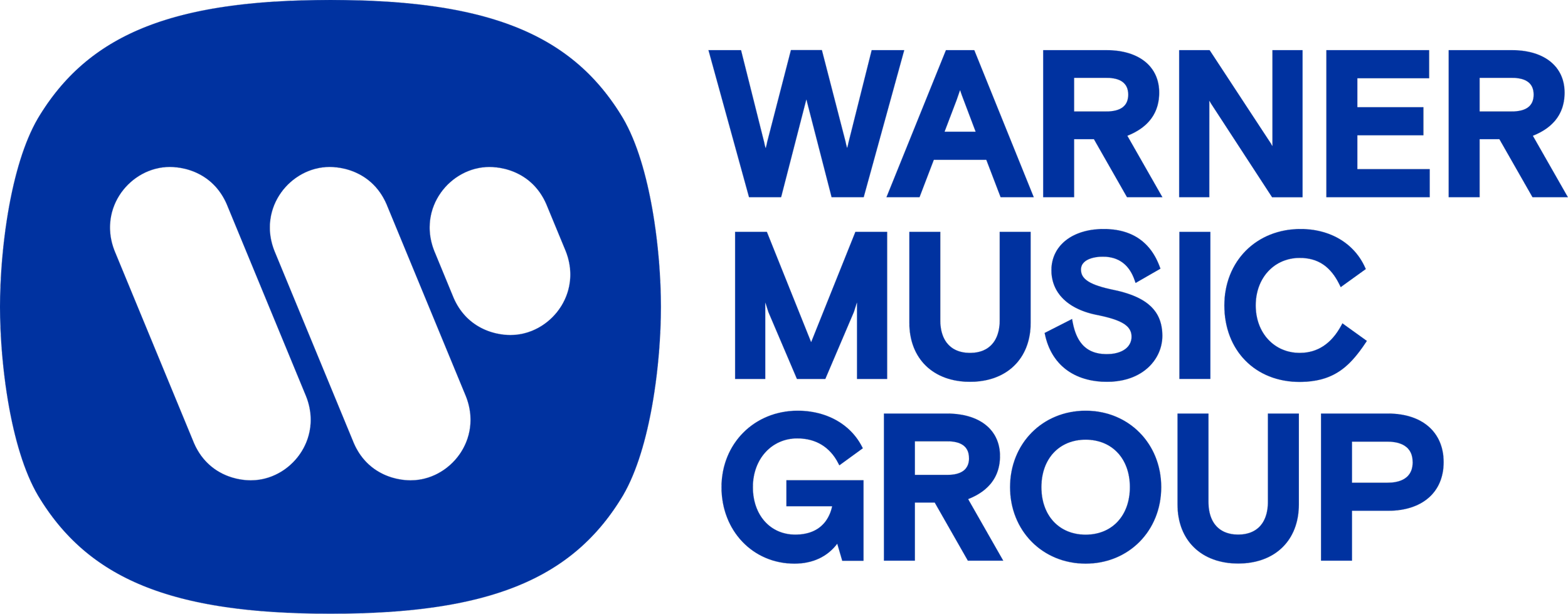 Warner Music Group logo with a blue circle containing black double W and the words "WARNER MUSIC GROUP" in blue capital letters.