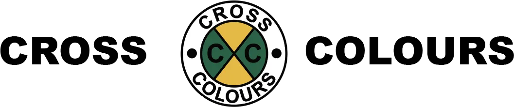 Logo for Cross Colours featuring a circle with black border, yellow and green sections inside, and the words 'CROSS COLOURS' around the circle