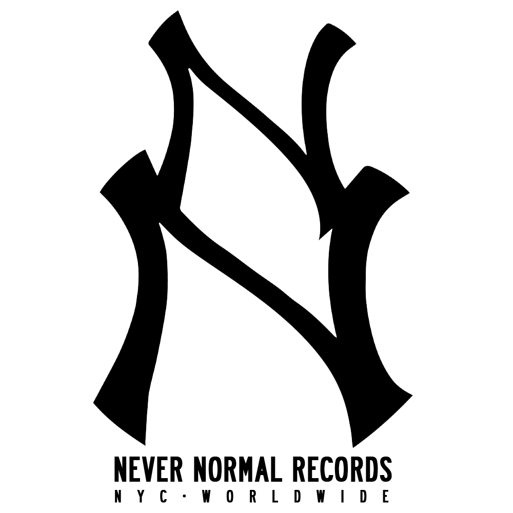 Black and white line drawing of the New York Yankees logo in graffiti style with overlapping shapes. Never Normal Records logo