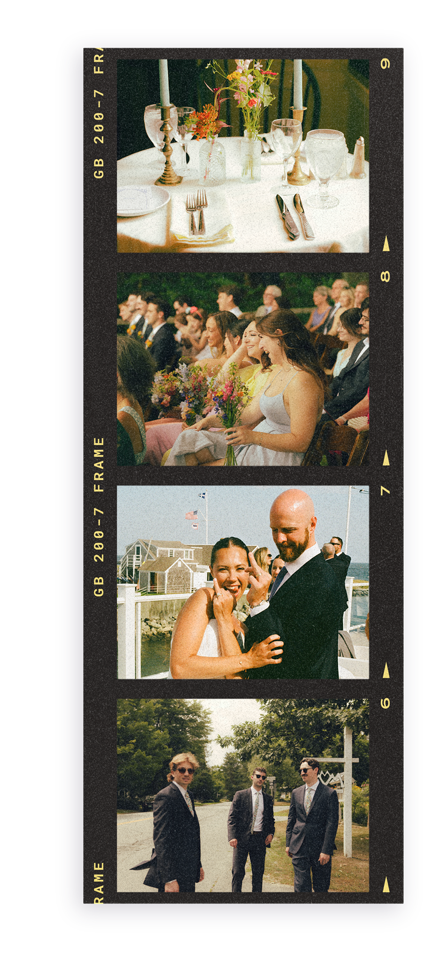 A four-panel photo strip featuring moments from a wedding celebration. The first panel shows a beautifully set dining table with candles, wine glasses, and a flower arrangement. The second panel captures an outdoor event with guests, primarily women, sitting and smiling, with some holding bouquets. The third panel features a bride and groom outdoors, with the bride making a playful gesture and both smiling. The fourth panel shows three men in suits standing on a sidewalk with trees and a house in the background.