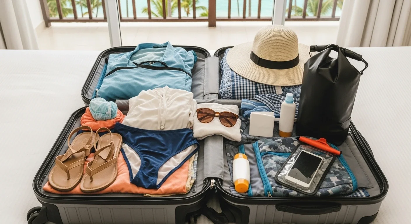 Open suitcase on a bed filled with summer clothes, sandals, a sunhat, sunglasses, toiletries, and travel essentials, with a balcony view in the background.