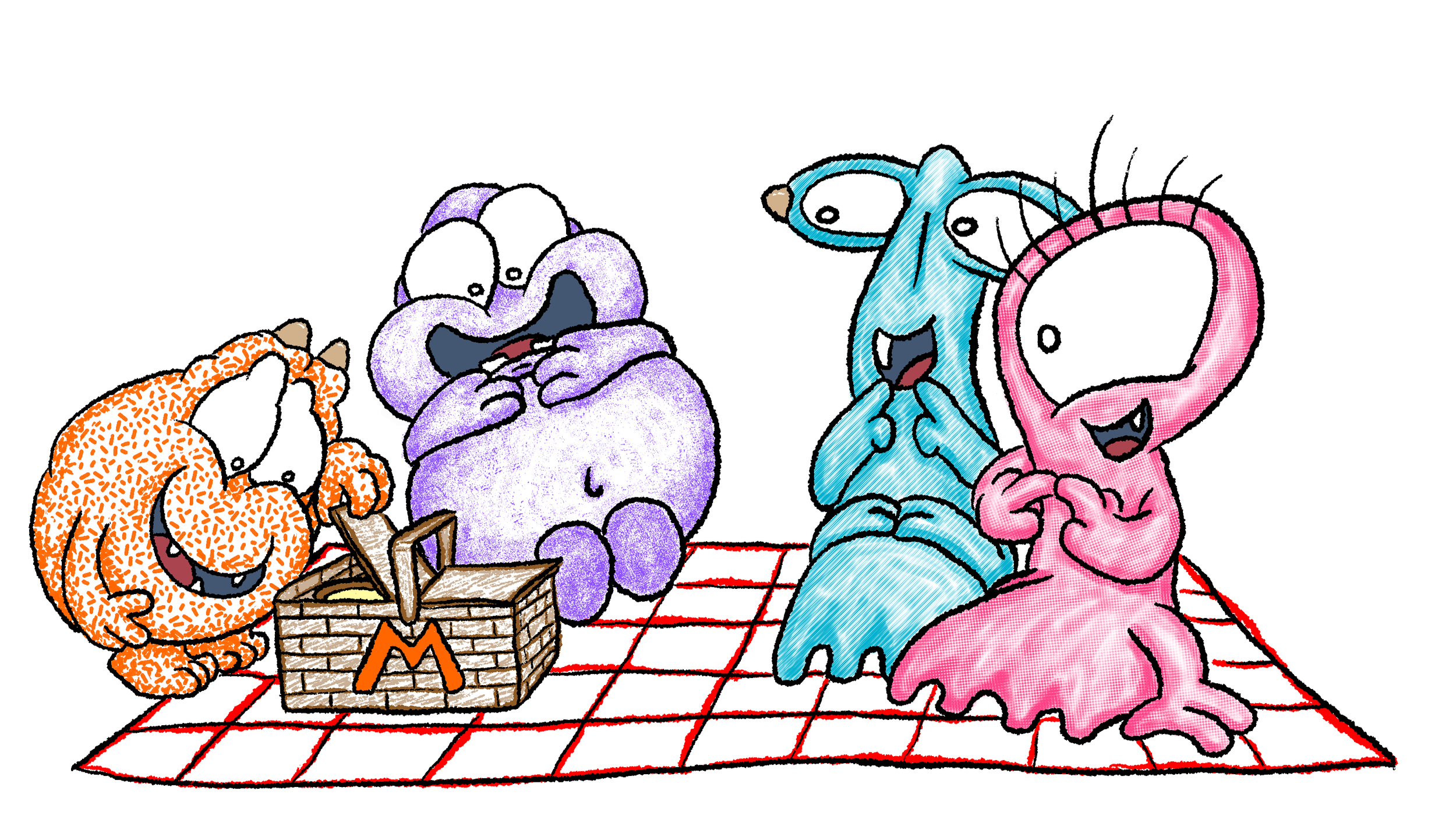 Stars of KCPlayLit decodables set 1 free download.  Science of reading and UFLI aligned.   Mat, Pap, Tif, and Pif sitting on a picnic blanket excited to see what is inside Mat's "M" basket.