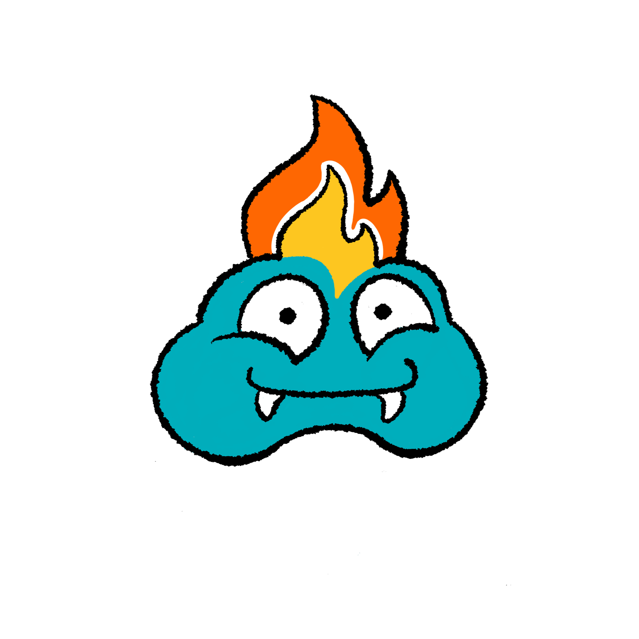 KCPlayLit Favicon and logo.  Happy teal monster with brain "lit" up, flame hair.