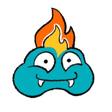 KCPlayLit Favicon and logo. Happy teal monster with brain "lit" up, flame hair.